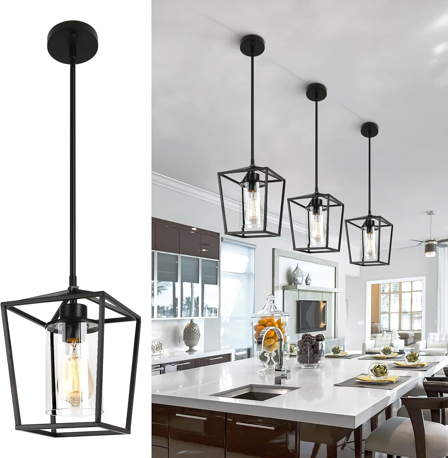 Black Pendant Lights Kitchen Island, 1-Light Farmhouse Kitchen Pendant Lighting Over Island, Metal Cage Island Hanging Lights for Kitchen, Dining Room, Entryway, Hallway, Foyer