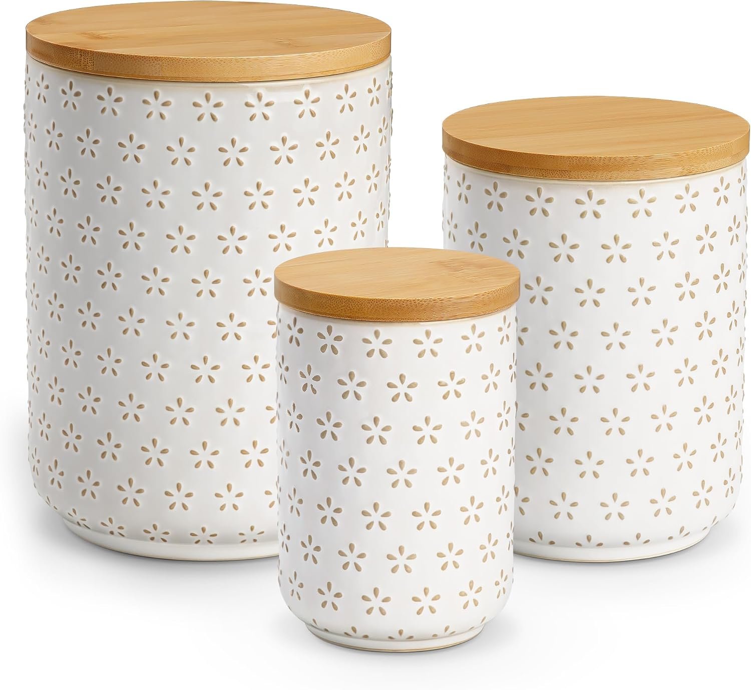 MALACASA LYDIA Ceramic Canisters Set with Airtight Lids, 80/40/20 oz Coffee Canisters Sets for the Kitchen, Large Jars for Flour, Sugar, Pasta, Coffee, Cookies, Tea – Set of 3, Five-Leaf Grass