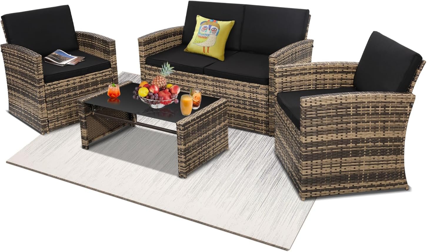 4 Piece Patio Furniture Set, Outdoor Wicker Conversation Set | Washable Cushions, 2 Armchairs + Loveseat Sofa + Coffee Table, Hand Woven UV Treated Wicker, Rustproof Steel Frame, Black
