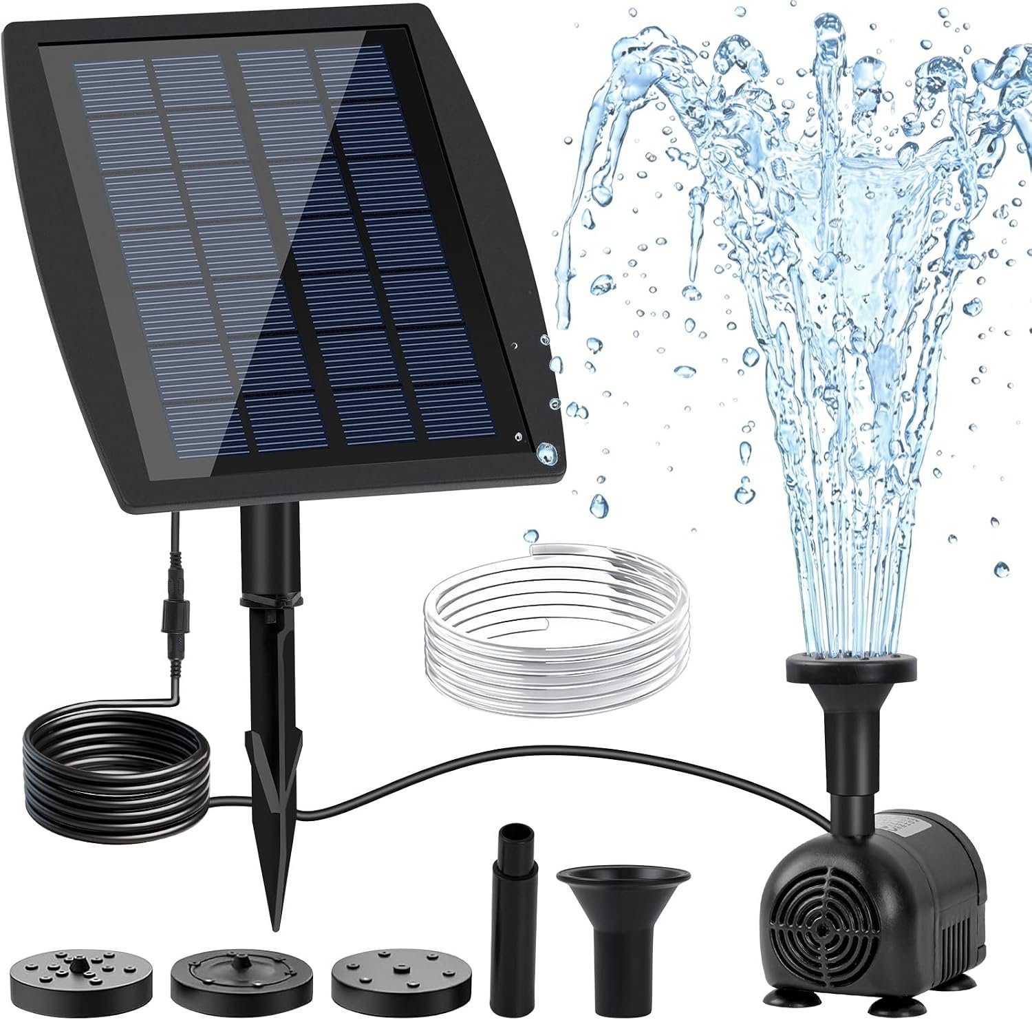 2.5W Solar Water Pump with 3 Spray Nozzles, 3.94FT Tubing, 9.85FT Power Cable, DIY Solar Water Fountain for Garden, Yard, Water Feature