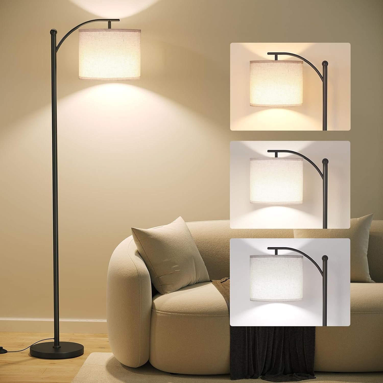 SUNMORY Arc Floor Lamp for Living Room, Modern Tall Standing Lamps, Black | 3 Color Temperatures, 9W 800lm LED Bulb, Adjustable Hanging Shade, Foot Switch, Metal Floor Light for Bedroom Office Corner