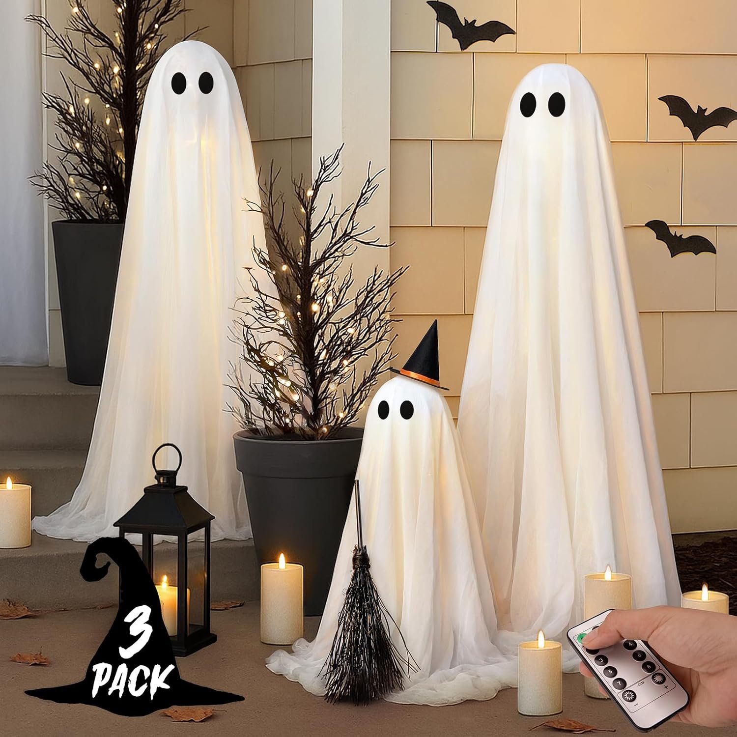 Halloween Decorations Outdoor – Set of 3 Light Up Ghosts with Timer Remote | 8 Light Modes, Spooky Cute Ghost Decoration, Halloween Decorations, Indoor Party Decor, For Yard Porch Home Front Door