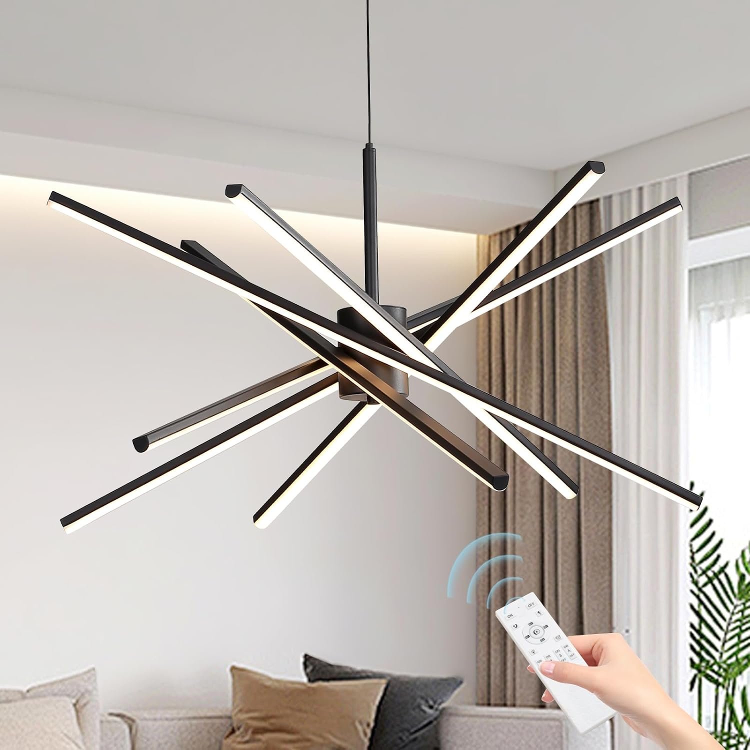 Black 33 inches Modern Sputnik Chandelier 90W LED Chandeliers | with Remote 6-Lights Dining Room Linear 3000-6000K Dimmable Light Black Pendant Light for Living Room Bedroom Foyer