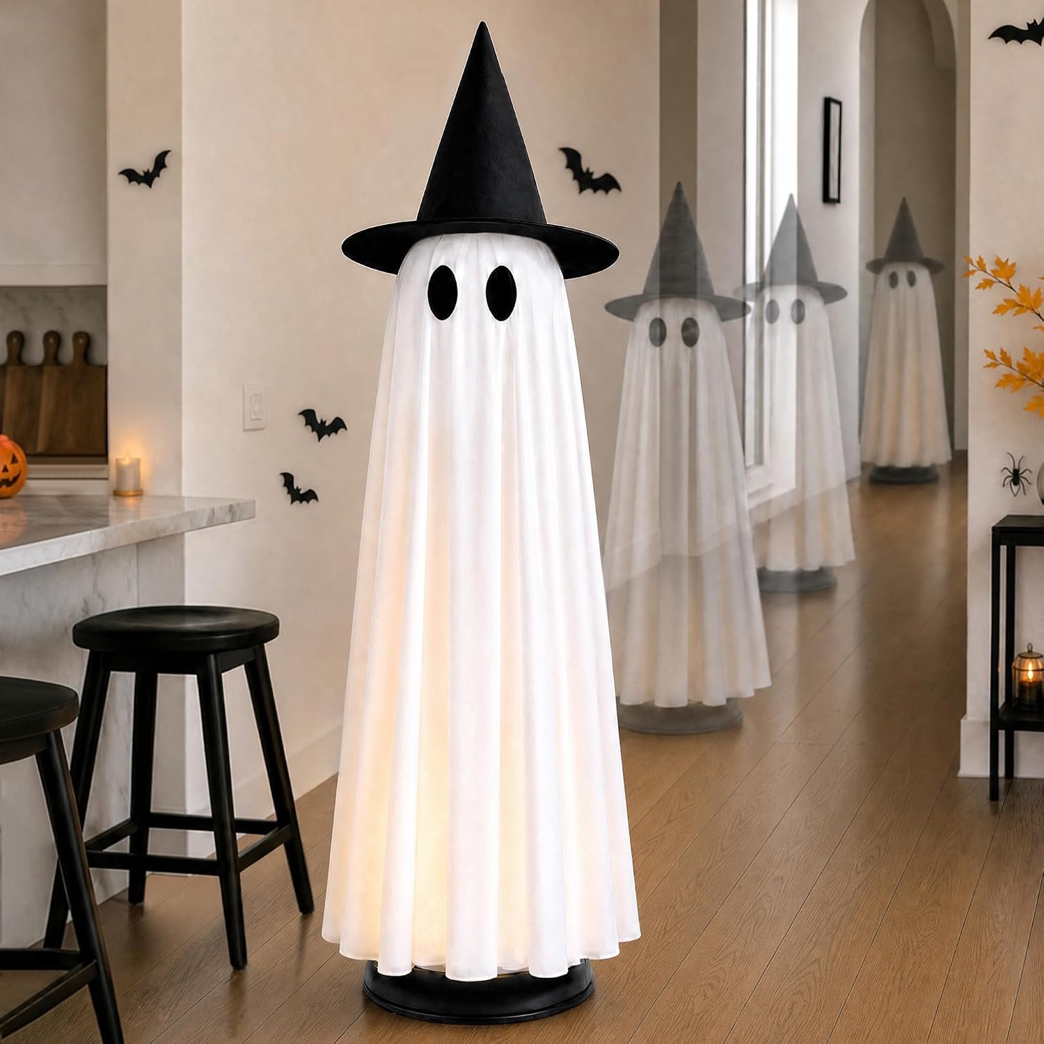 Halloween Decoration Indoor 46.5″ Lighted Animated Floating Ghost | Touch&sound activated,Light up,auto-avoidance,spooky&silent mode,easy setup,ideal for Halloween party home decor