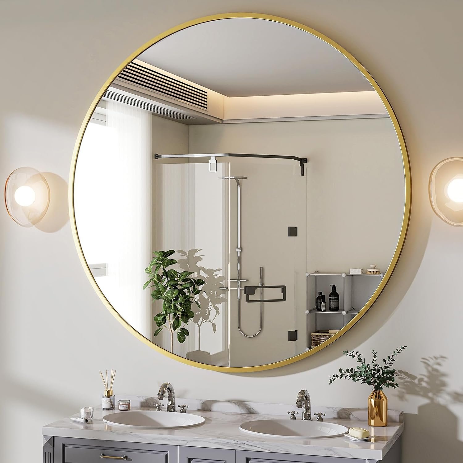 BEAUTYPEAK 48 Inch Round Mirror, Metal Frame Circle Mirror, Gold | Wall Mounted for Entryway, Bathroom, Vanity, Living Room
