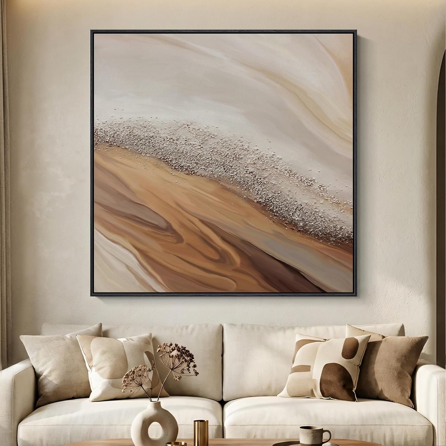 Extra Large Framed Beige Abstract Canvas Wall Art for Living Room, 40×40 In | Oversized, Canvas prints, Abstract pictures, Beige, Square paintings, Earth tone, Living room, Dining room hallway wall decor