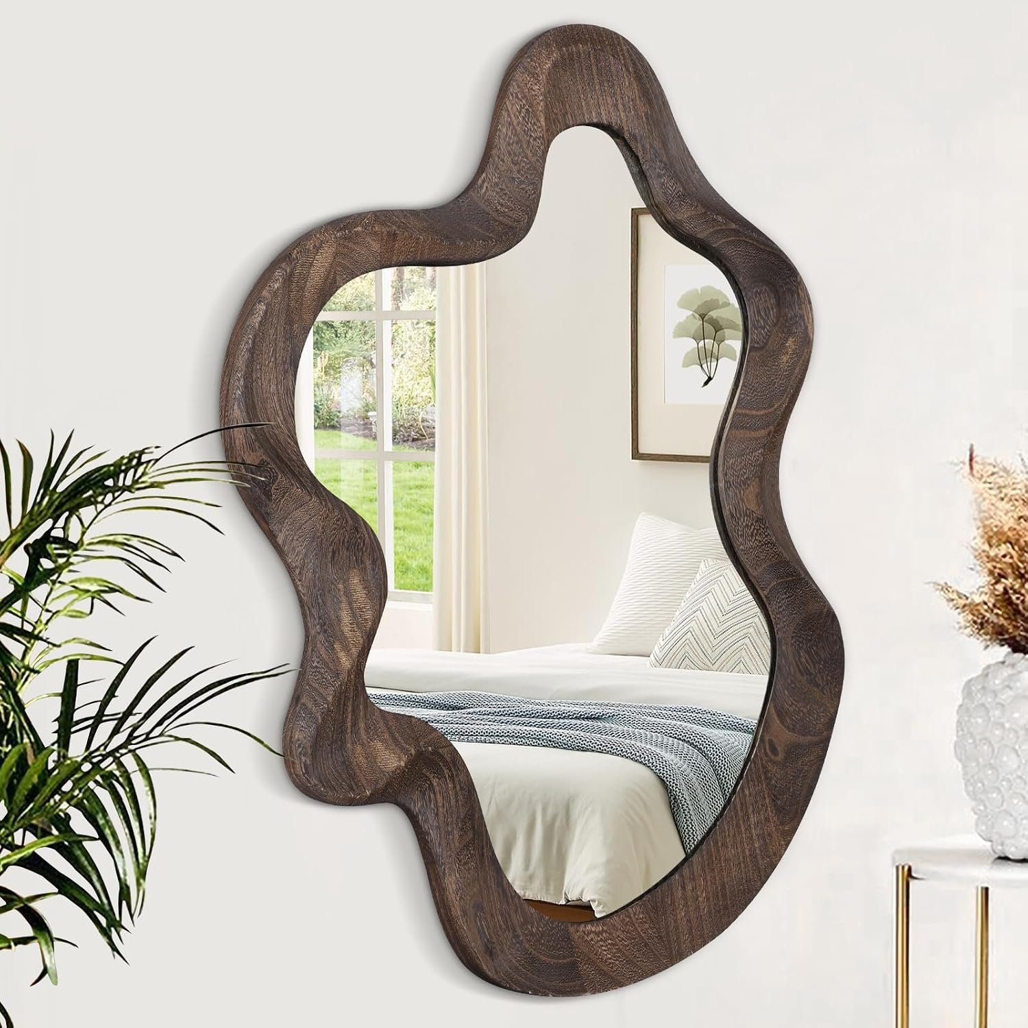 Asymmetrical Wavy Mirror for Wall Decor – Large Cute and Stylish Unique Wooden Framed Artistic Cloud Mirror, 21.6″x15″ – Decorative for Living Room, Bedroom, Bathroom, Entryway