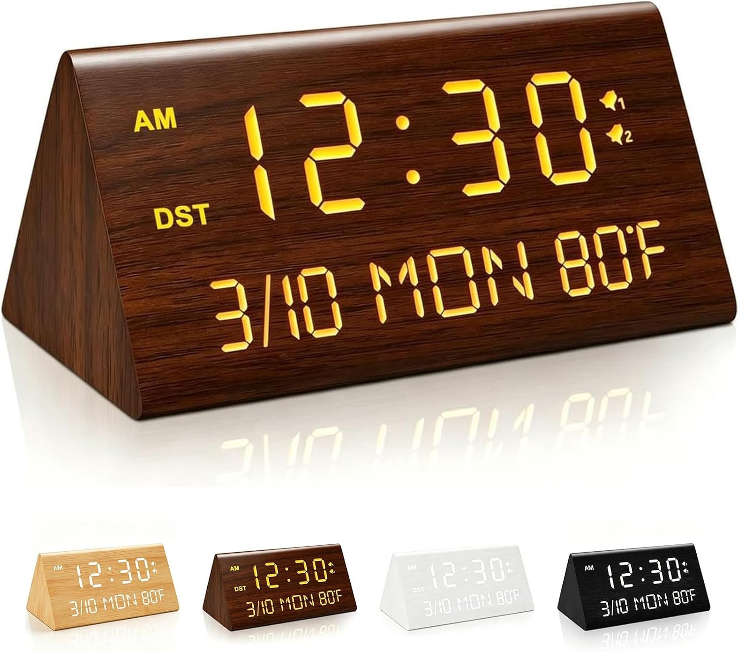 Premium Wooden Digital Alarm Clock with USB Charging Ports, Dimmable LED Display, Date, Day of Week, Temperature, DST, Clocks for Bedrooms, Desk, Nightstand, Bedside, Table, Office, Living Room Decor