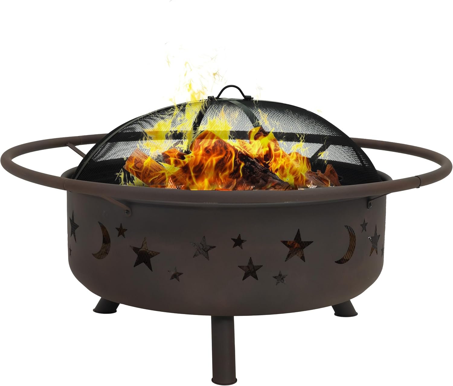 Sunnydaze Cosmic 42″ Large Outdoor Fire Pit, Wood Burning, 31″ Bowl Dia | Bronze, Heavy Duty Steel Metal, Includes Spark Screen, Wood Grate, & Poker, Round Backyard Firepit for Outside, Patio, Deck