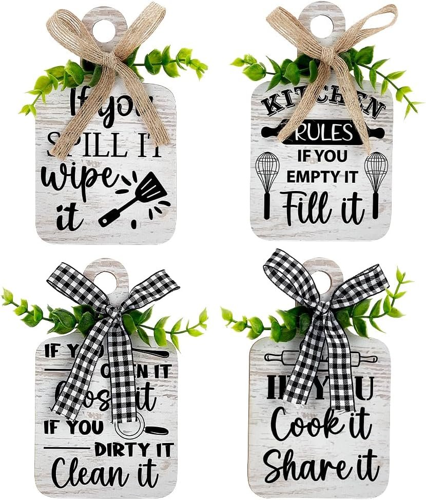 PH PandaHall Kitchen Rules Wooden Sign Eat Wood Cutting Board 4 Styles | Wall Decor, Farmhouse Tiered Tray, Hemp Rope Hanging, for Home Kitchen Dining Living Room Bar Table Decoration