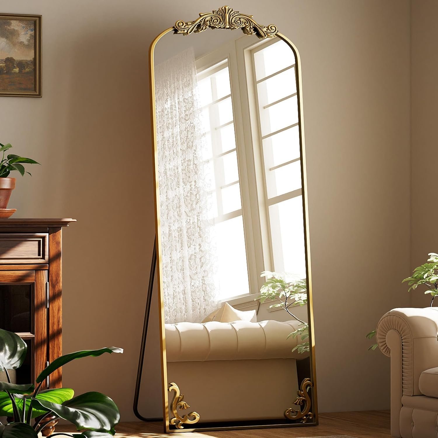 21″x 64″ Arched Full Length Mirror, Freestanding Floor Mirror with Carved Metal Frame & Bottom Art Carved, Gold Full Body Mirror for HomeDecor, Halling Wall Mirror with Vintage Ornate Carved Accents
