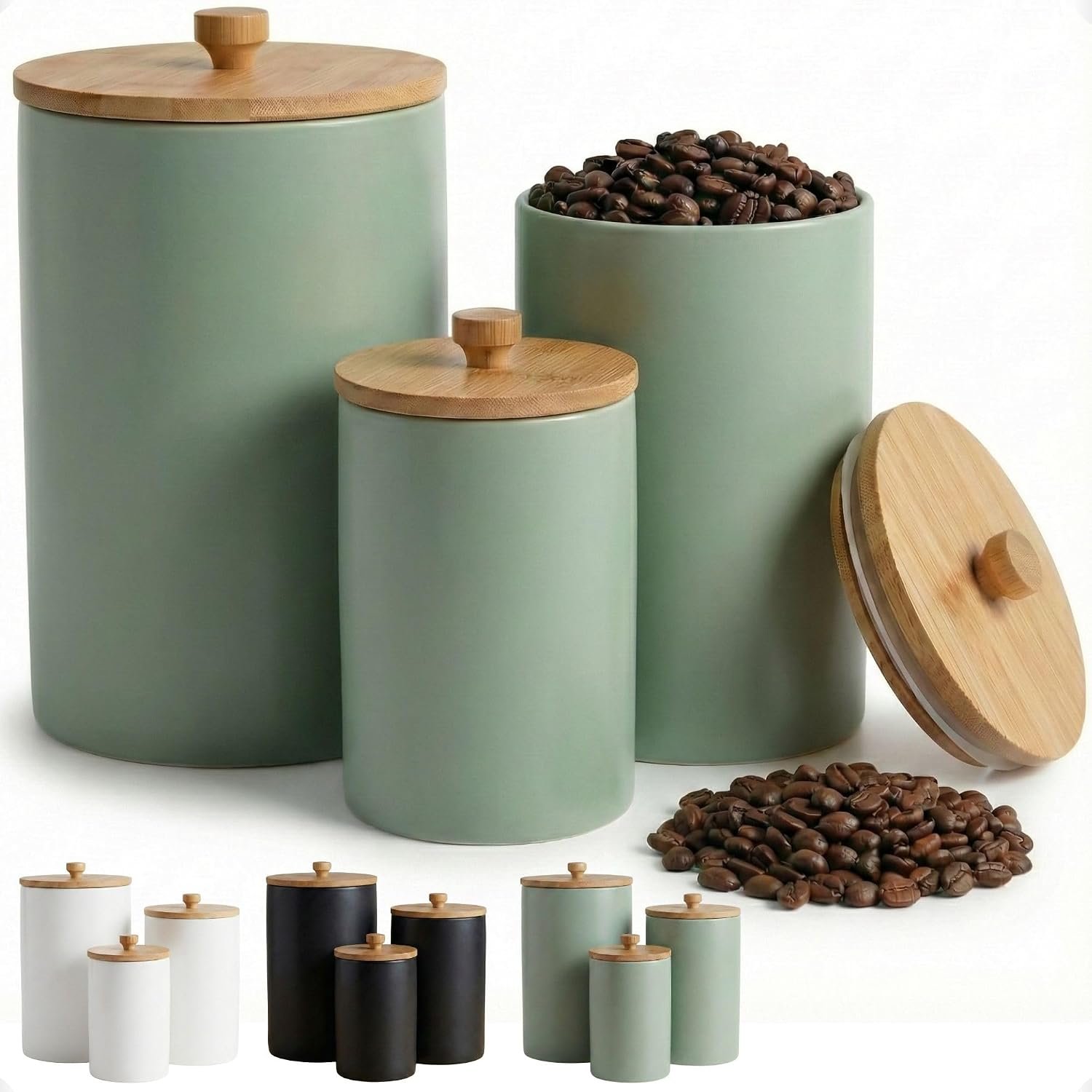 Ceramic Kitchen Canisters for Countertop Set of 3 w/ Airtight Bamboo Lids | Thick Sturdy Ceramic, Matte Finish, Airtight Easy Open Bamboo Lids, Comfortable Bamboo Handles, Jar Volumes: 2, 1, 0.5 quarts