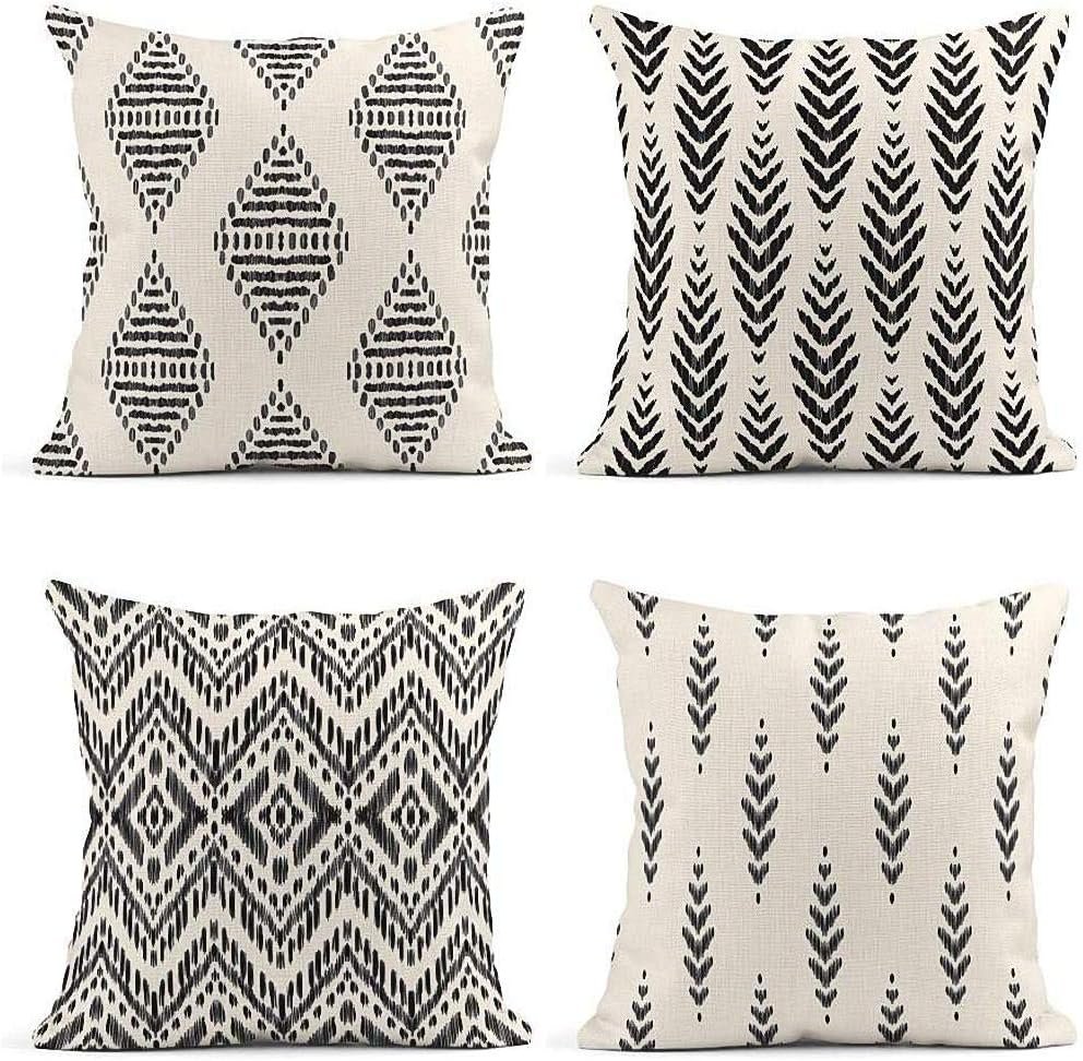 Linen Throw Pillow Covers Set of 4, 16 x 16 Inch, Boho Tribal | Ikat Herringbone Ethnic, Outdoor Decorative Square Pillow Cases Couch Cushion Case for Couch Bed Sofa Living Room Home Decor