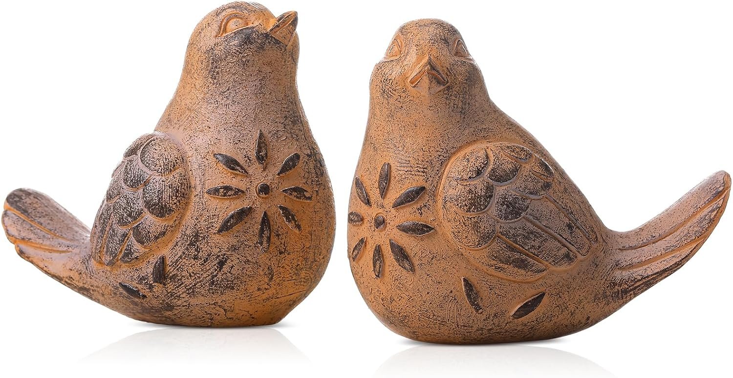 Blulu 2 Pcs Bird Figurines Home Decor Rustic Brown Bird Figurines Vintage Distressed Resin Statues with Floral Retro Terracotta Singing Animal Sculpture Gifts for Farmhouse Table Living Room Shelf