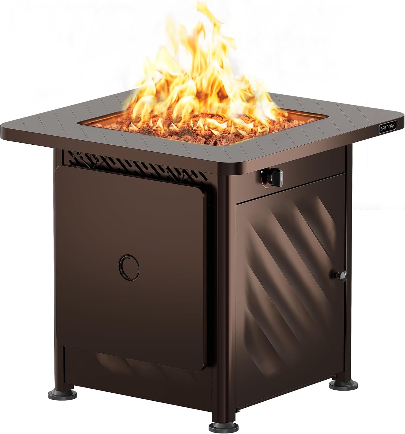 East Oak 28” Outdoor Propane Fire Pit Table | 52,000 BTU Gas Fire Pit for 2-4 People with Space-Saving Hock Lid, Mesh Pocket & Lava Rocks | CSA Certified Safe for Patio, Deck, Backyard, Brown