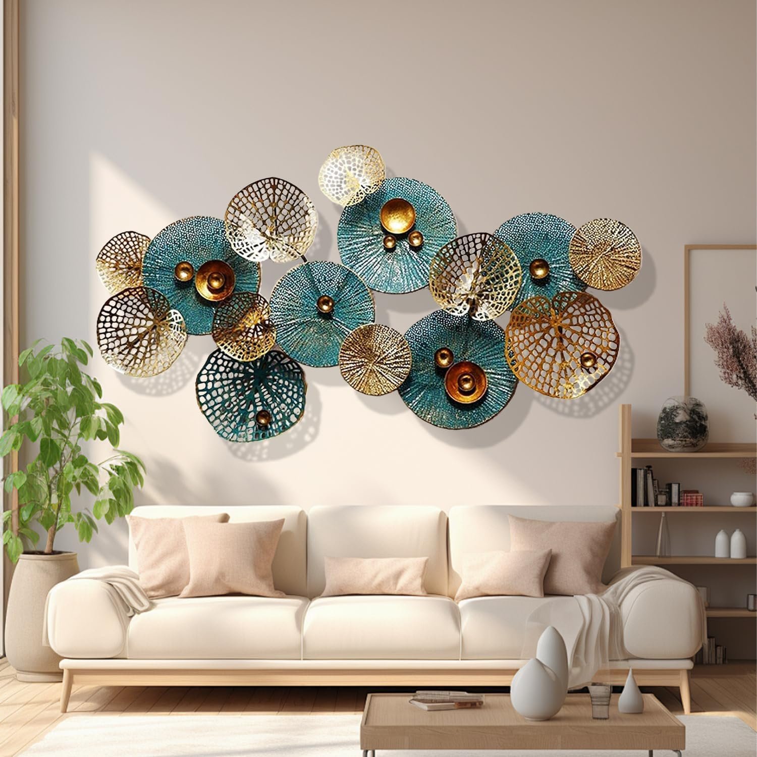 edaknez Large Metal Wall Art, 50″x26″ Metal Lotus Leaf Flower Wall Decor | 3D Stacked Leaves Wall Sculpture, Modern Gold Green Wall Hanging Home Decoration for Living Room(C 50 inch x 26 inch)