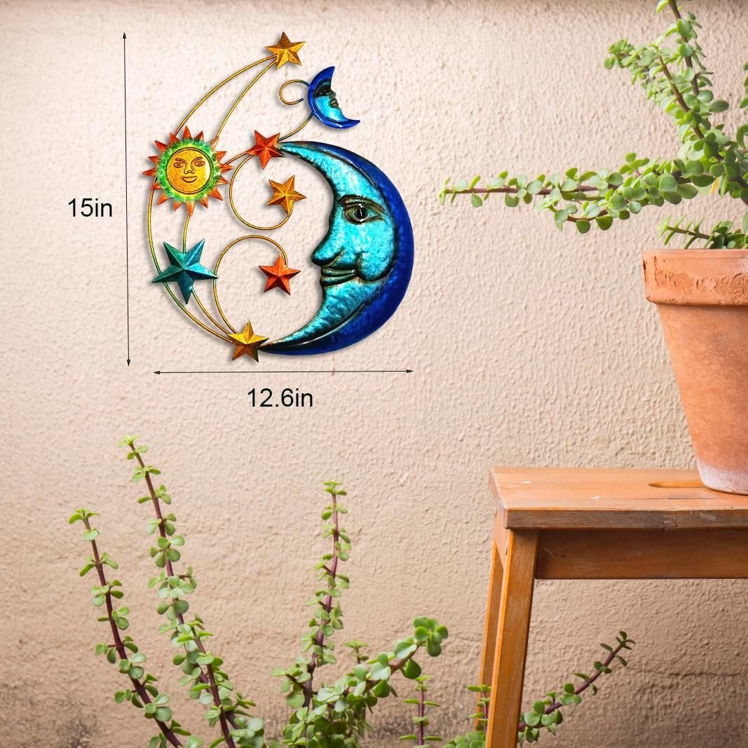 Metal Sun Outdoor Wall Art Decor, Large Size 17” Sun Face Metal Wall Sculpture with Moon & Stars for Home Wall Decoration Living Room, Bedroom, Outside Decor for Yard, Patio, Garden Fence Deck Pool