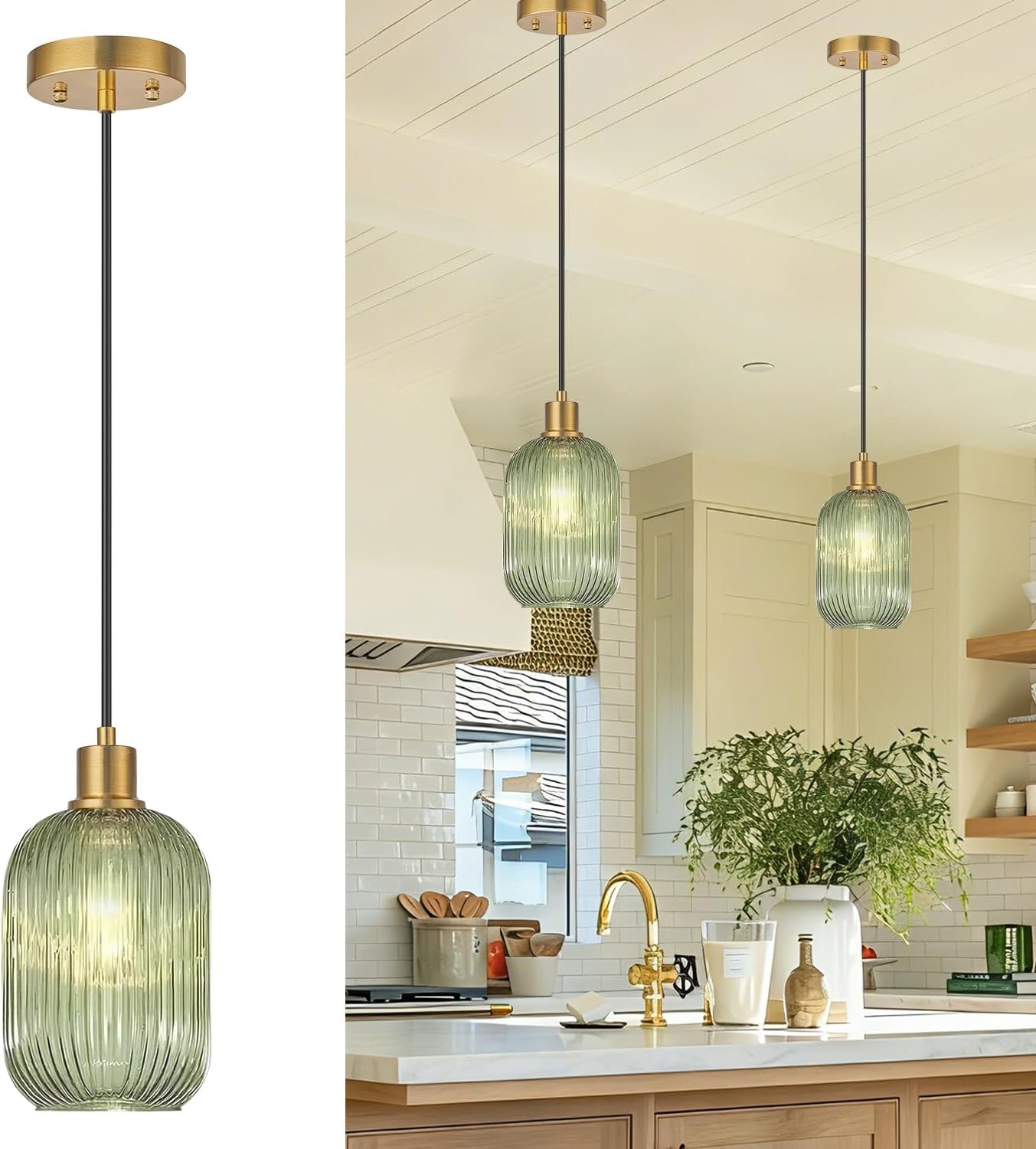 2 Pack Pendant Lights with Vintage Green Ribbed Glass Lampshade, Adjustable Brushed Gold Pendant Lights Fixtures for Kitchen Island Lighting Sink, Dining & Living Room Hallway (Bulbs Not Included)
