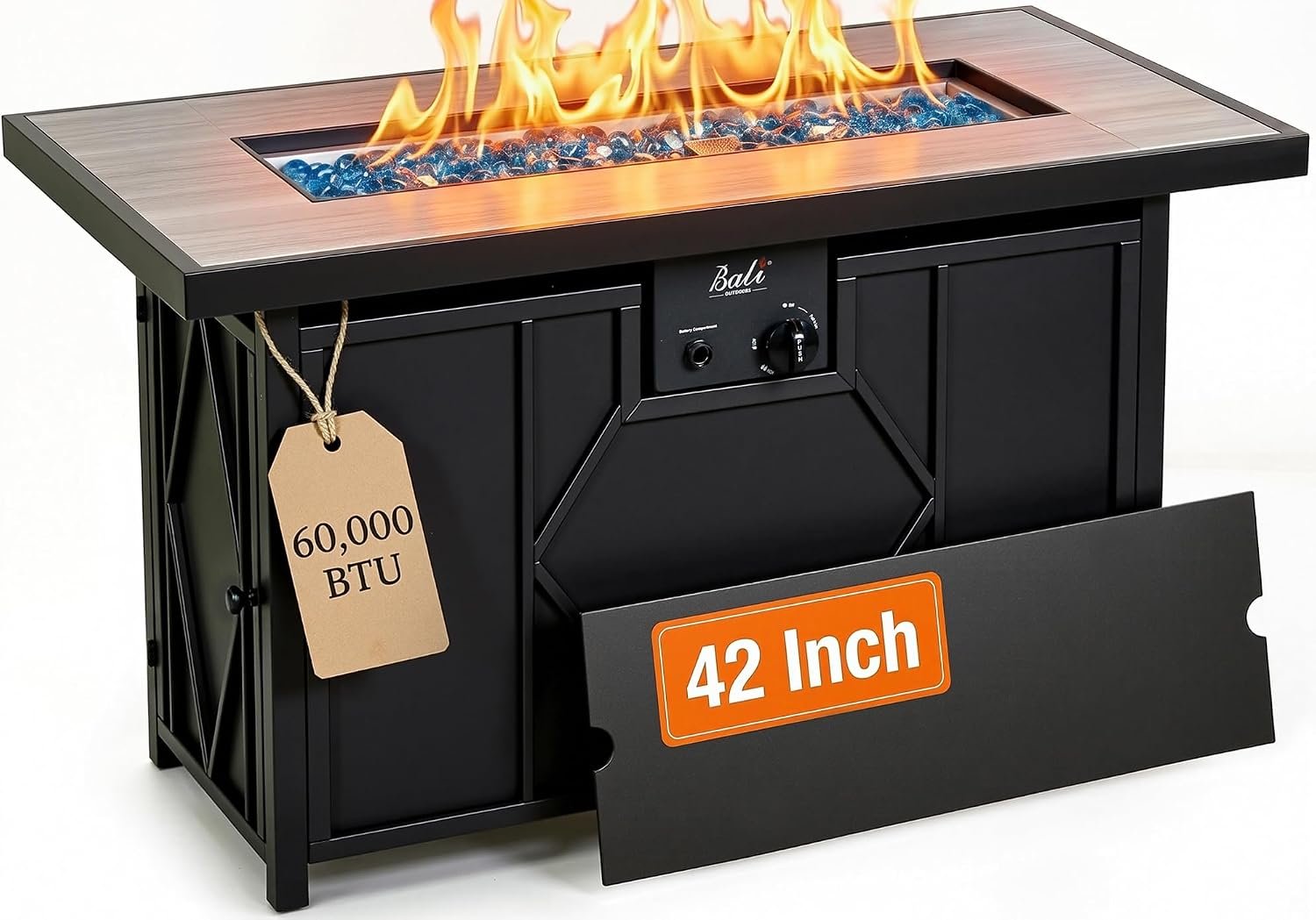BALI OUTDOORS 42 inch Propane Fire Pit Patio | Outdoor Fire Pit Table Large Black Firepits for Outside Rectangular