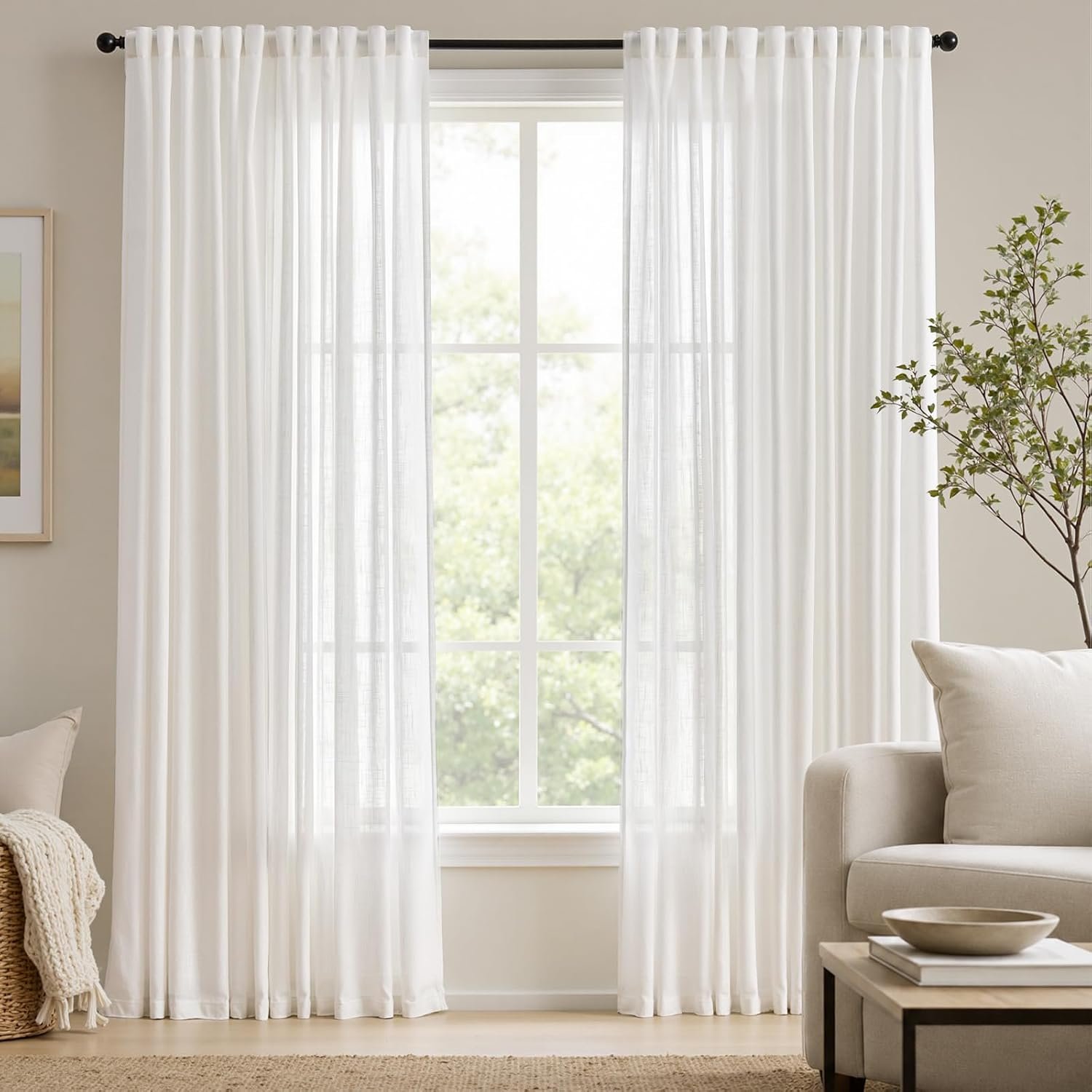 jinchan White Semi Sheer Curtains Light Filtering 84 Inches Long 2 Panels | Coastal Curtains for Bedroom Living Room Soft Textured Modern Farmhouse Window Treatments with Back Tab & Rod Pocket