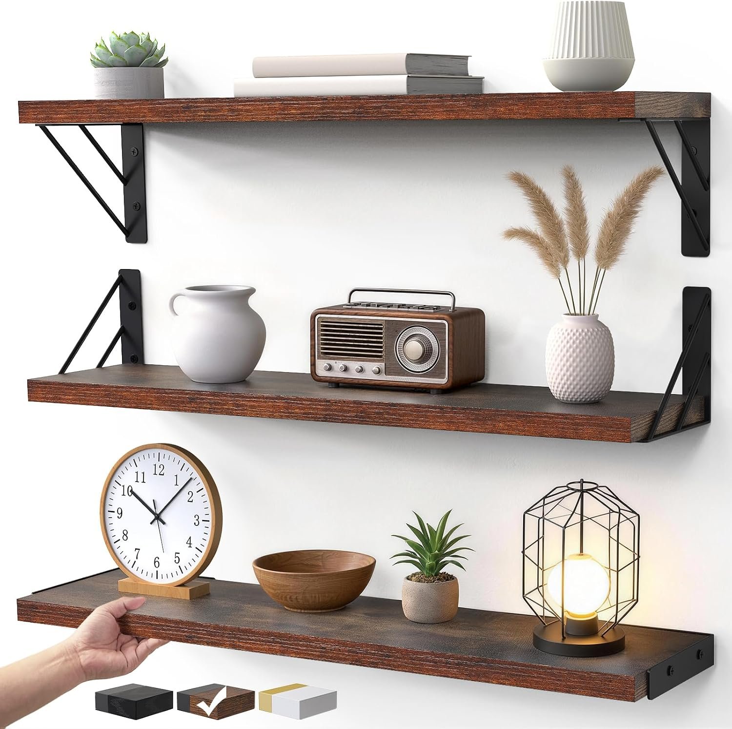 BAYKA 23-in Floating Wall Shelves, Rustic Wood Wall Shelves for Bedroom, Bathroom, Kitchen & Living Room, Display Shelf for Books, Plants & Decor (Rustic Brown)