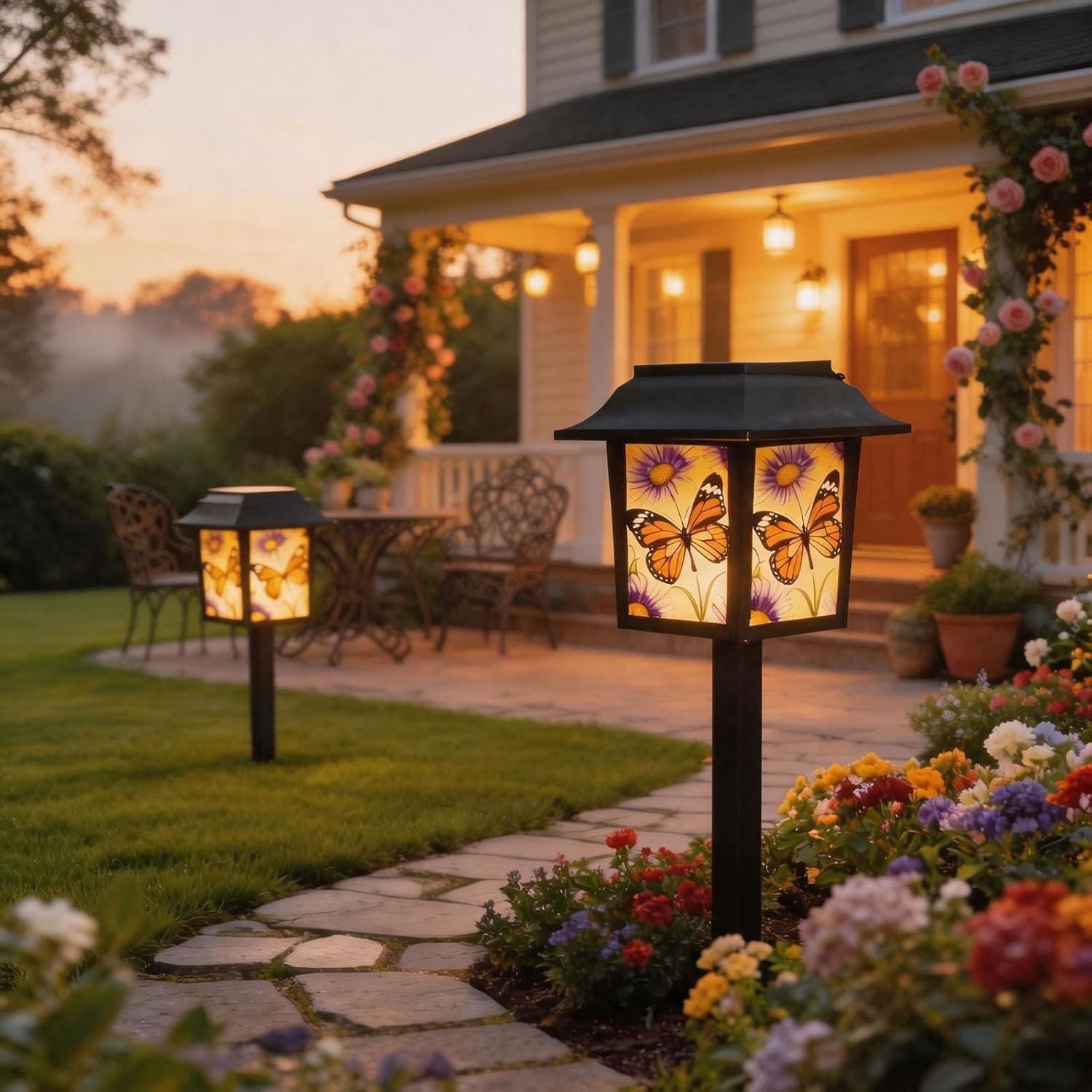 Garden Decor Butterfly Solar Lantern, 2-in-1 Hanging & Ground Solar Lights, Waterproof LED, 2 Pack Outdoor Decorative Lights for Yard Art Outside Patio Porch Lawn