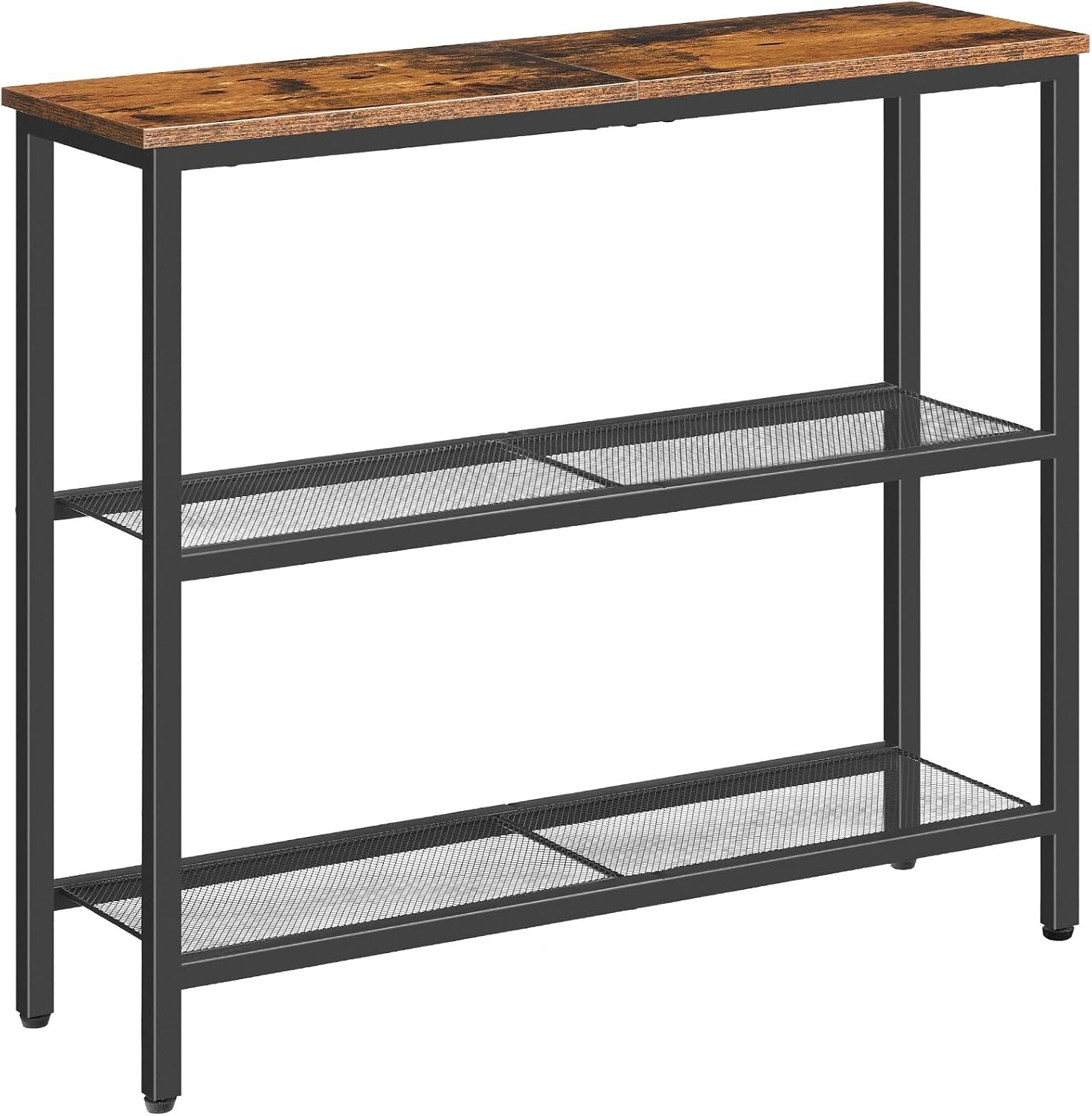 HOOBRO 29.5″ Narrow Console Table, 3-Tier Entryway Table, Thin Sofa Table with Shelves, Side Table, Display Table, for Hallway, Entrance, Living Room, Bedroom, Rustic Brown and Black BF73XG01