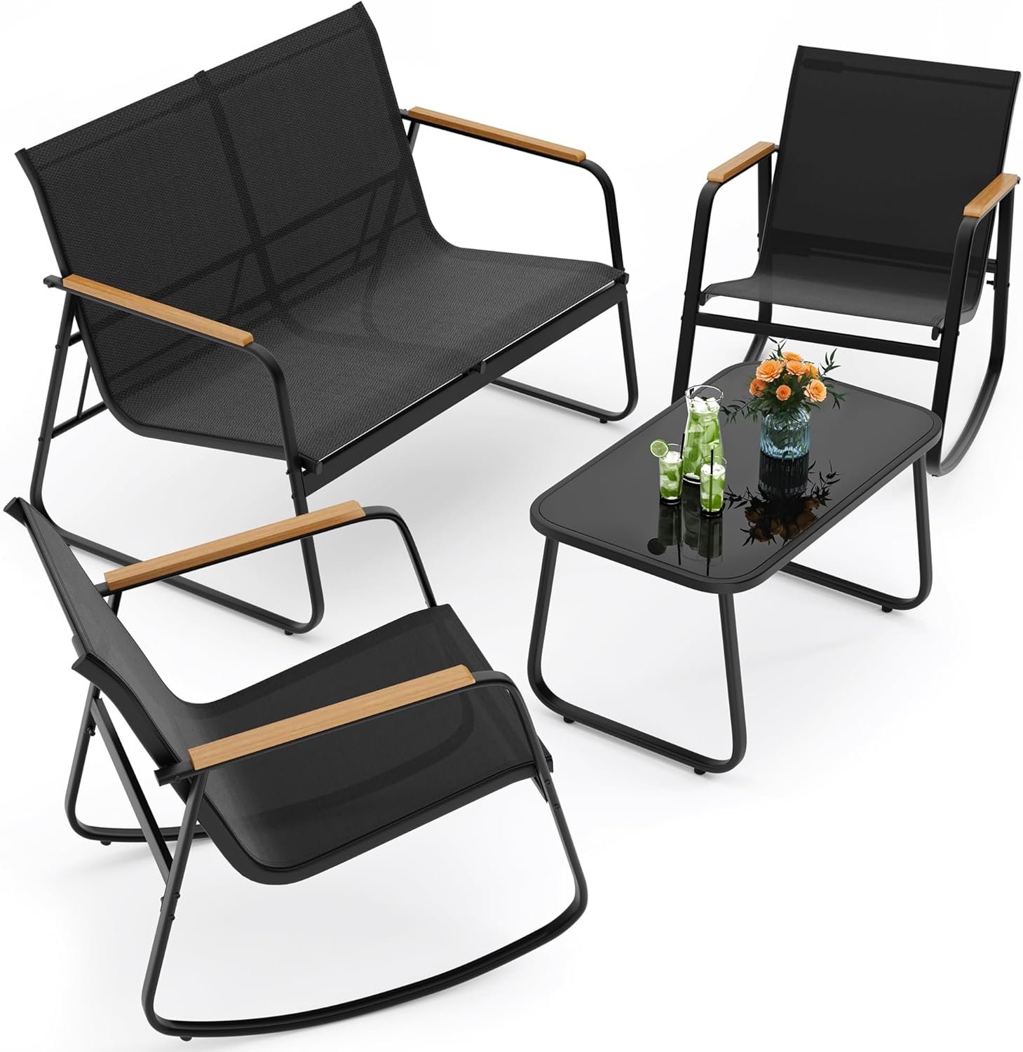 Ahomly 4-Piece Patio Furniture Set, Textilene Conversation Set, Black | Weather-resistant Textilene Set with Wooden Armrests, 2 Rocking Chairs and Coffee Table for Patio, Balcony and Outdoor Living