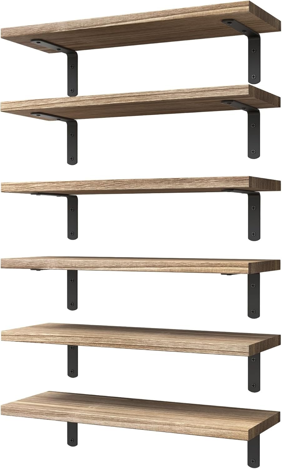 Wood Floating Shelves Set of 6, Shelves for Wall Decor, Farmhouse Shelf for Bedroom, Bathroom Storage Shelves, Book Shelves for Living Room – Rustic Brown