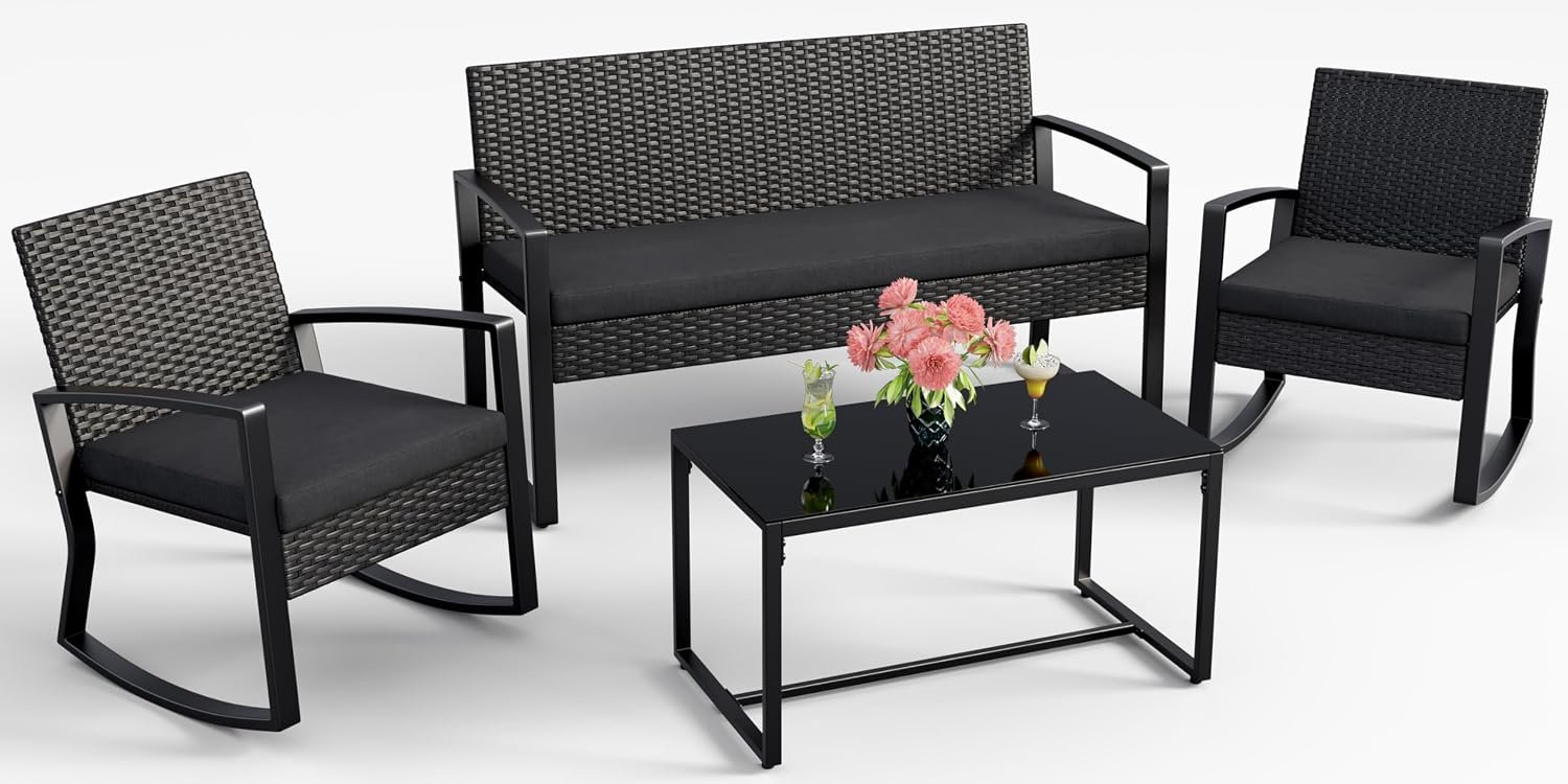 4 Piece Outdoor Patio Furniture Set with Rocking Chairs, Black | Outdoor Wicker Patio Furniture with Glass Coffee Table, Modern Rattan Patio Conversation Set, for Porch, Garden, Lawn