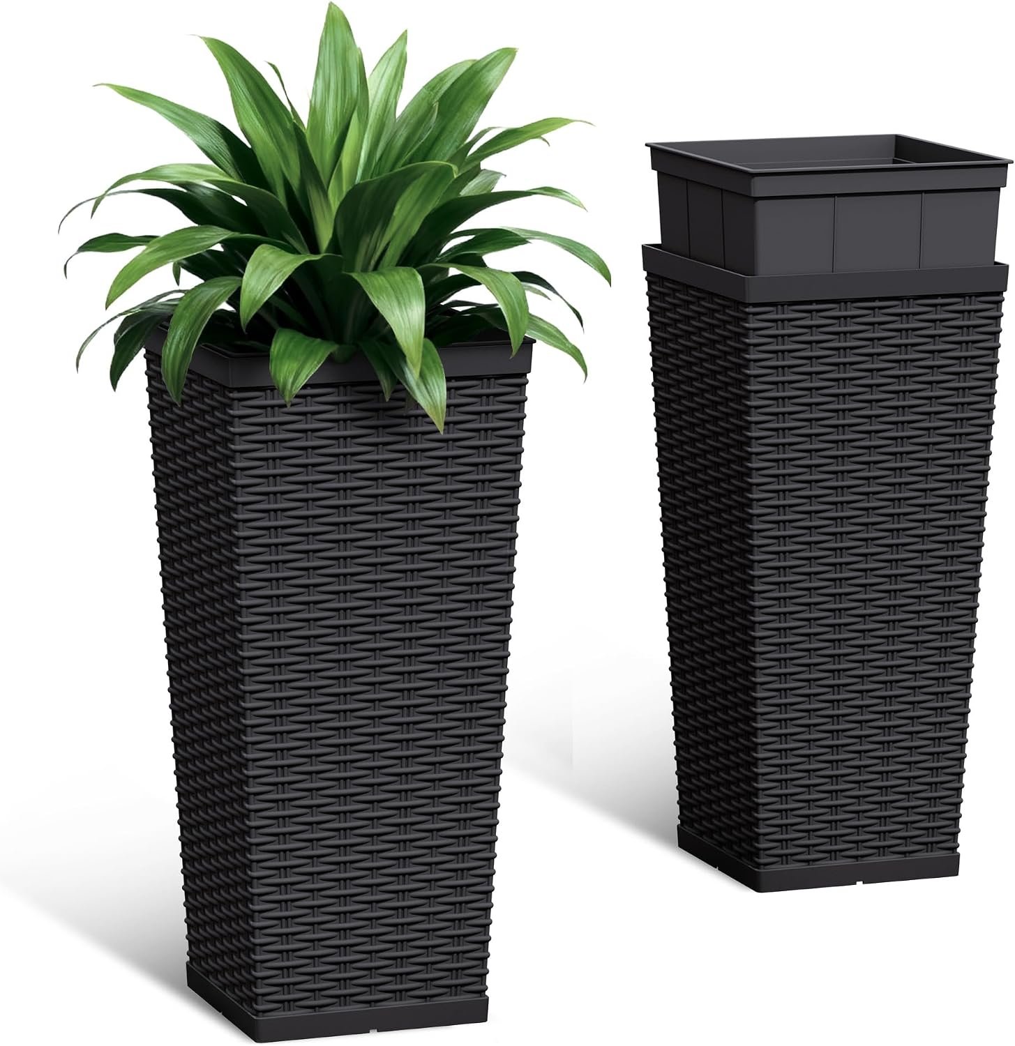 24 Inch Tall Plastic Planters (Set of 2) with Drainage Holes, Black | Detachable Inner Pot, Outdoor Decorative Flower Pots for Large Plants, Trees, Patio, and Garden