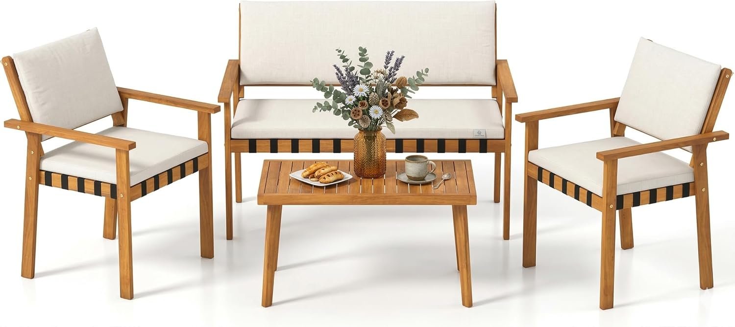 Tangkula Acacia Wood Patio Furniture Set, 4 Piece Thick Cushioned Outdoor Conversation Set with 800lbs Capacity Loveseat, 2 Armchairs and Coffee Table, for Backyard, Garden, Deck