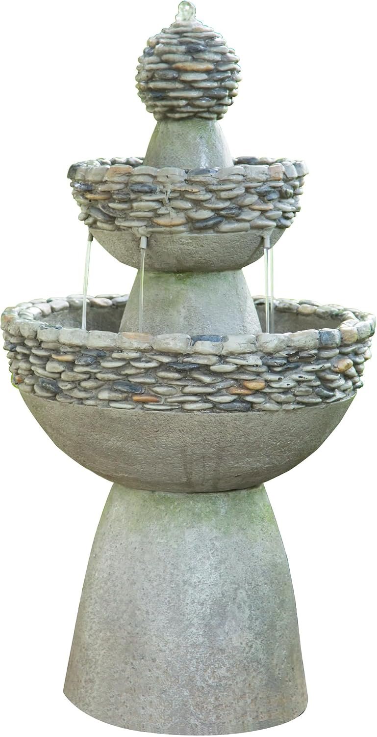 Teamson Home 36.5 in. Outdoor 3-Tier Zen-Style Pedestal Water Fountain in. with Stone Trim with Pump and 2.64 Gallon Capacity, Stone Gray | 3-Tier Garden Fountain, Stone Look, With Pump, Pedestal Waterfall Feature