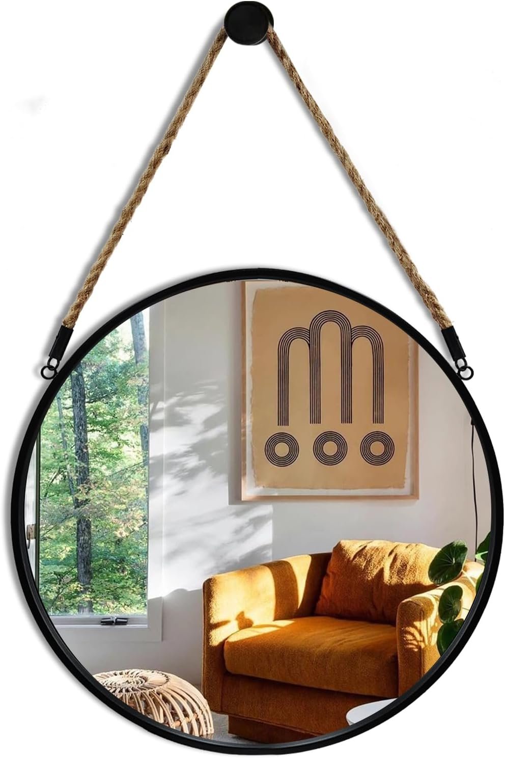 POZINO 15″ Small Round Rope Hanging Mirror with Black Metal Frame | Circle HD Mirror with Jute Rope, Anti-Rust, Farmhouse Decorative Wall Mirror for Entryway, Living Room, Fireplace, Bedroom