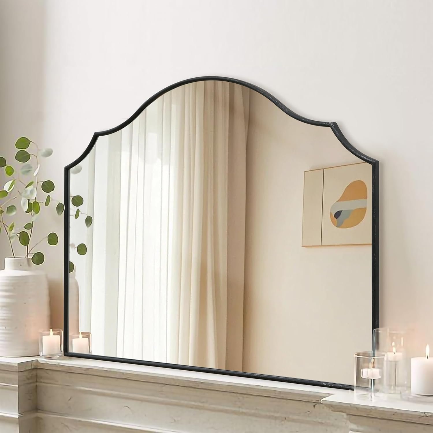 Besdomus Black Scalloped Dresser Mirror: 35″x26″ Wooden Bathroom Mirror | Modern Minimalist Decorative Arched Wall Mirror for Vanity/Mantel/Bedroom/Entryway/Fireplace/Nightstand/Dining Room/Over Sink