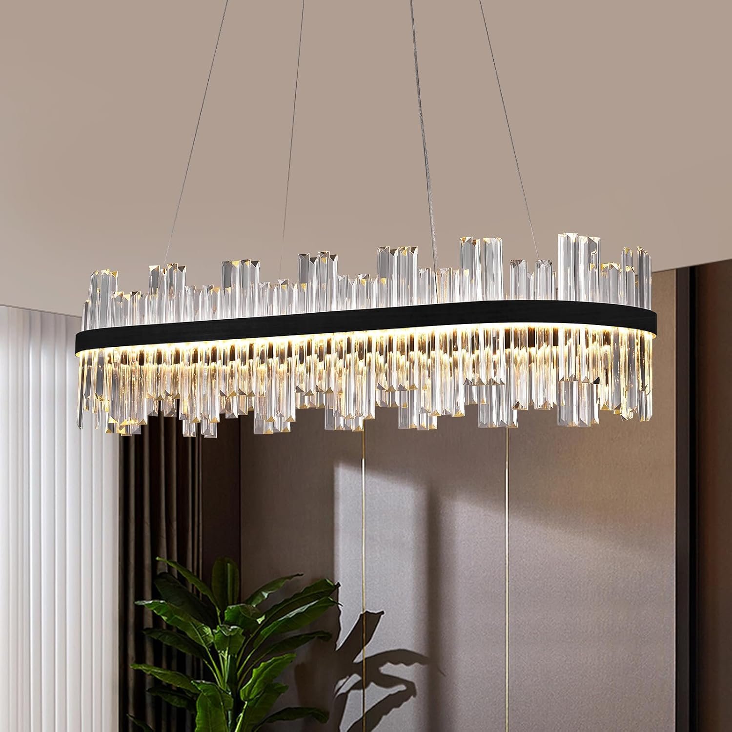 Black Led Modern Crystal Chandelier,Rectangle Chandeliers for Dining Room | 39.3″ Linear Dining Room Chandelier over Table,Luxury Rectangular Contemporary Light Fixture for Living Room Kitchen Island
