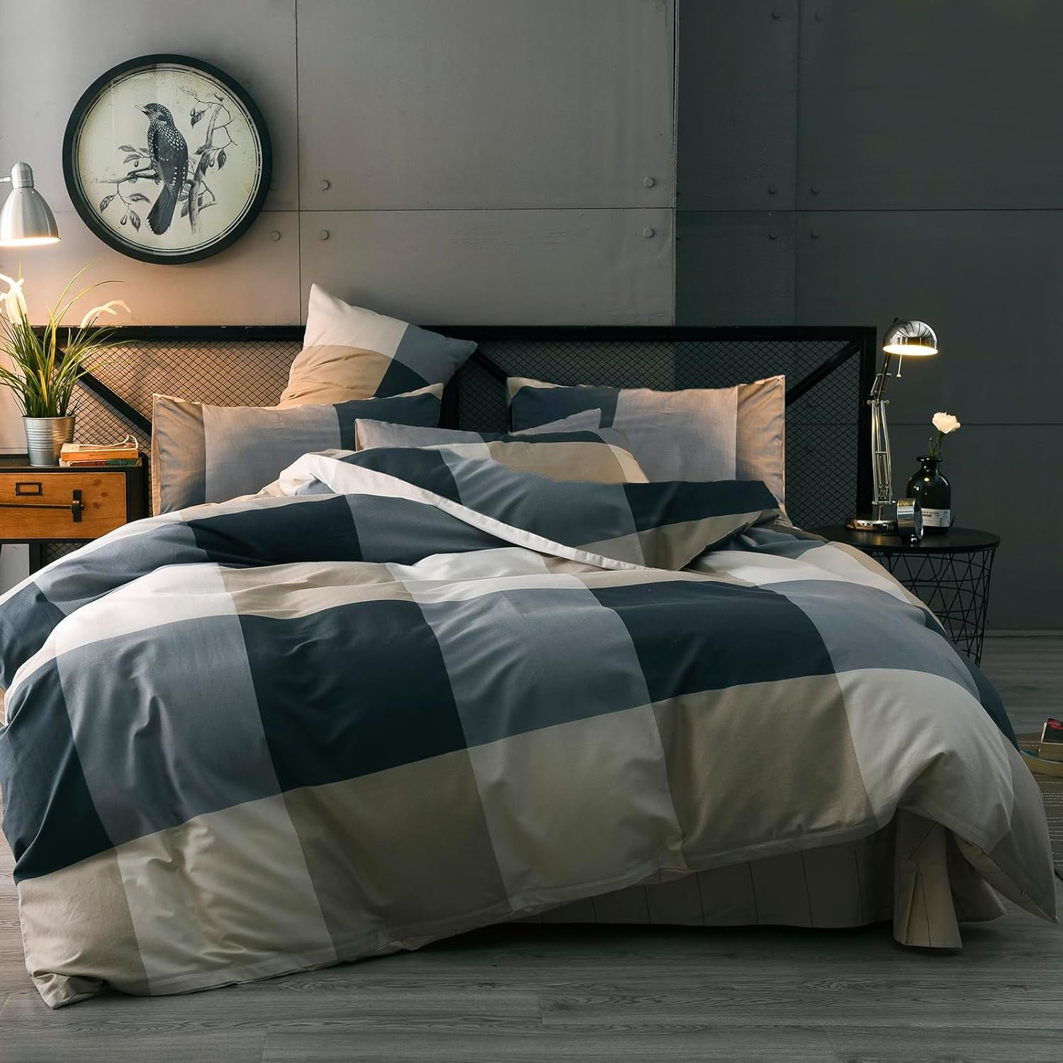 Queen Comforter Set Lightweight Modern Style Checkered Pattern Comforter for Boys Men, 1 Geometric Comforter and 2 Pillow Shams, All Season-Queen Size
