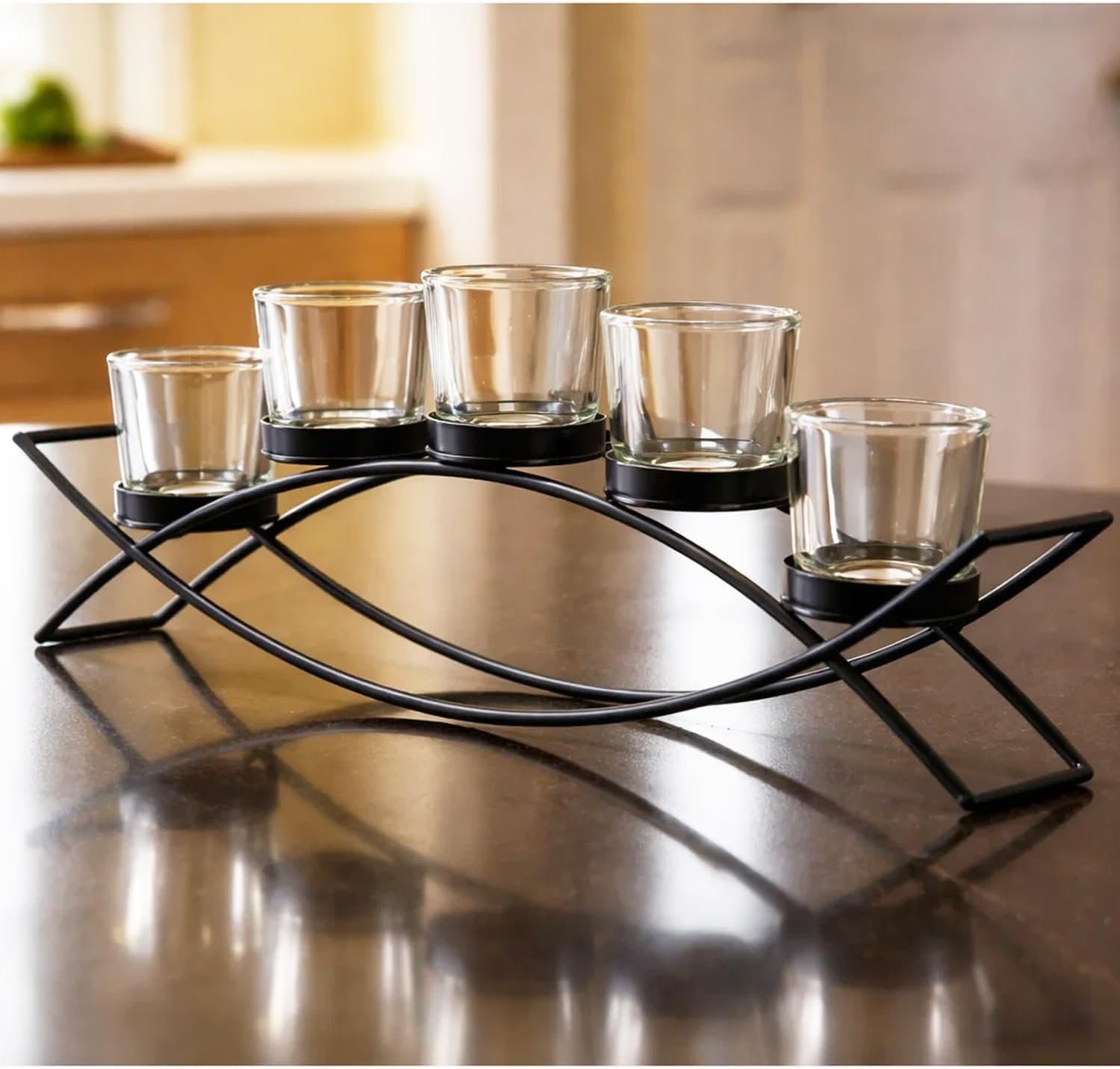 Dining Table Centerpiece Decor, Tealight Candle Holder, Clear | Votive Candle Holders, Wrought Iron 5 Cup Candelabra, Long Modern Coffee Console Decor, Black Finish, Clear Cups, 17in Long