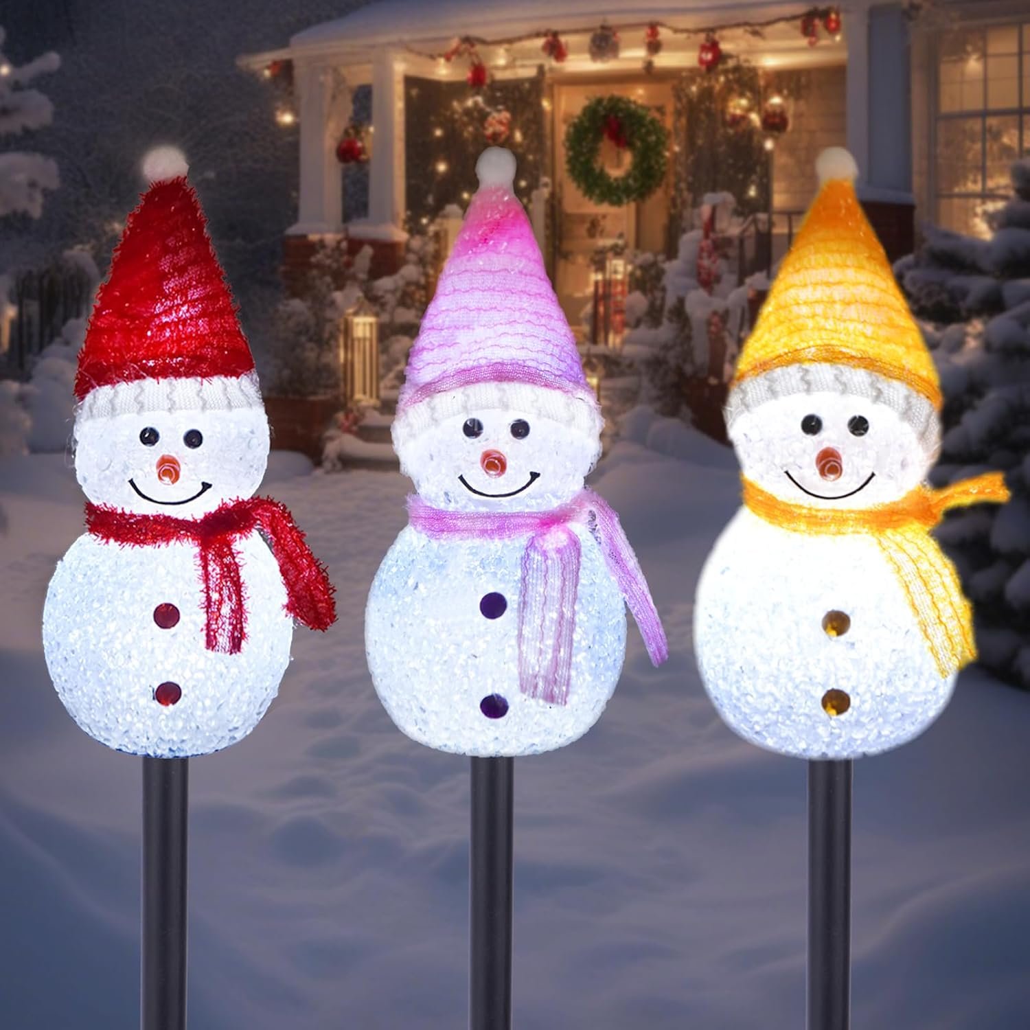 Solar Christmas Snowman Pathway Lights Outdoor Decoration, 3 Pack | Solar Powered, Waterproof, Led Light Stakes, Outdoor Decor, 1 Solar Panel, Red/Pink/Yellow, for Winter Yard Garden Porch Lawn
