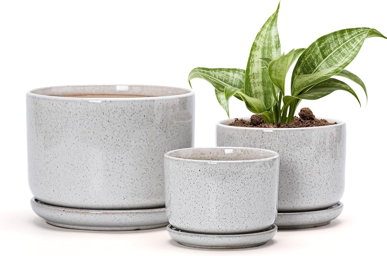 Ceramic Planters,Plant Pots with Saucers Set of 3(Reactive Glaze White) | Colorful Ceramic Planters for Indoor Plants | Medium Plant Pots | Cute Herb Planting Pots | 4+5+6.5 Inch Garden Pots