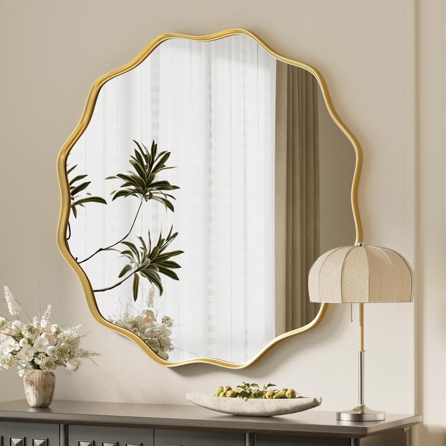Gold Scalloped Circle Mirror, 30″ Wavy Edge Round Wall Mirror | Tempered Glass Textured Circular Metal Deep Frame, Hanging Leaning for Bathroom, Hallway, Entryway, Livng Room