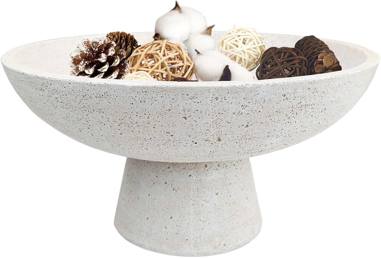 Large Decorative Fruit Bowl – Modern Handcrafted Resin Pedestal Bowl for Kitchen Counter, Entryway Key Holder & Table Centerpiece, Off-White Travertine Stone Bowl