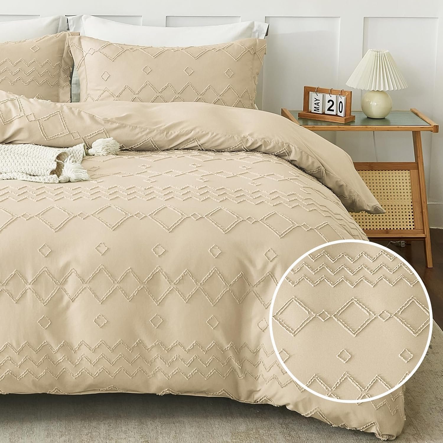 EMME Boho Duvet Cover Set – Tufted Comforter Set with Boho Embroidery, All-Season Bedding for Twin, 1 Duvet + 1 Pillowcase (Beige)