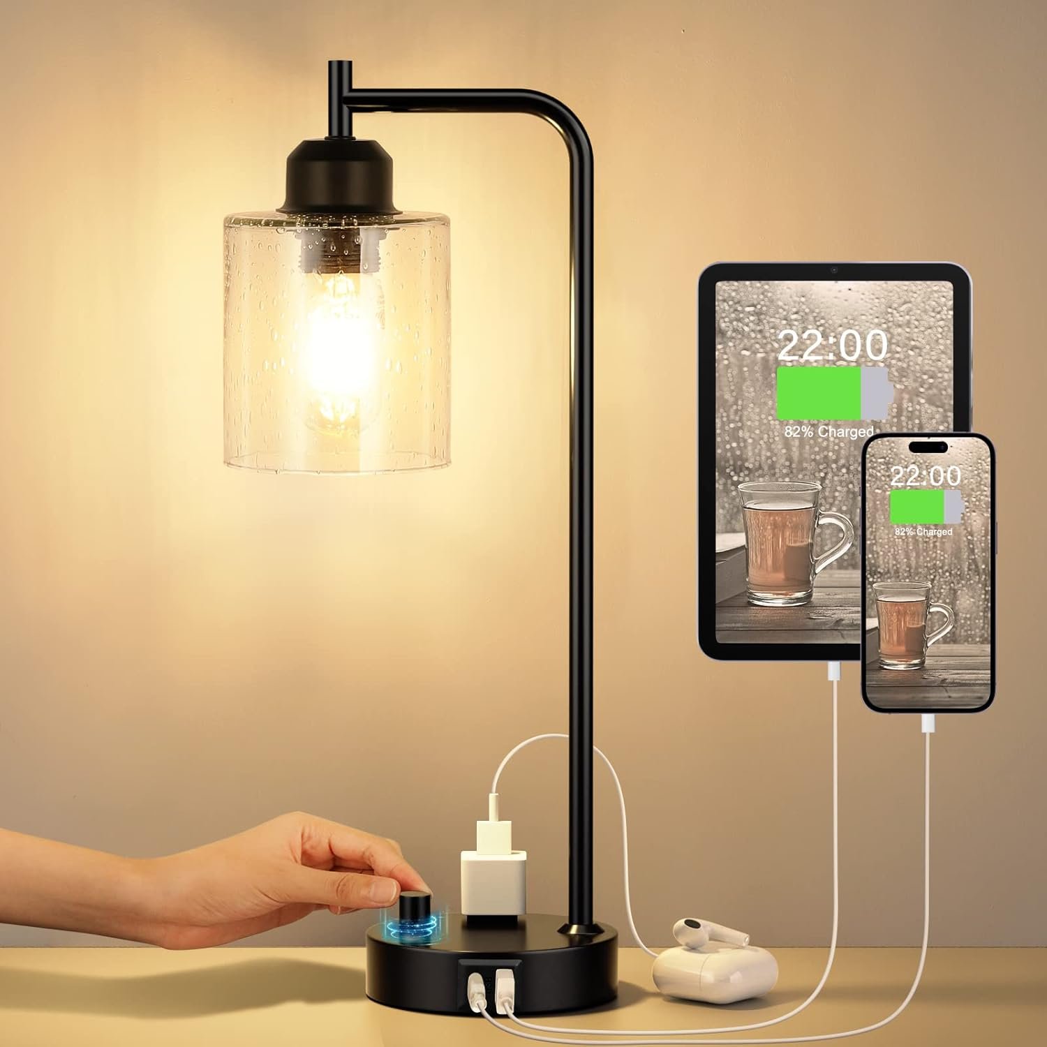 Industrial Desk Lamp, Fully Dimmable Small Bedside Table Lamp, Black, USB C | Glass Shade, USB C+A Charging Port & Outlet, Lamps for Bedroom, Night Stand, Home Office, Living Room