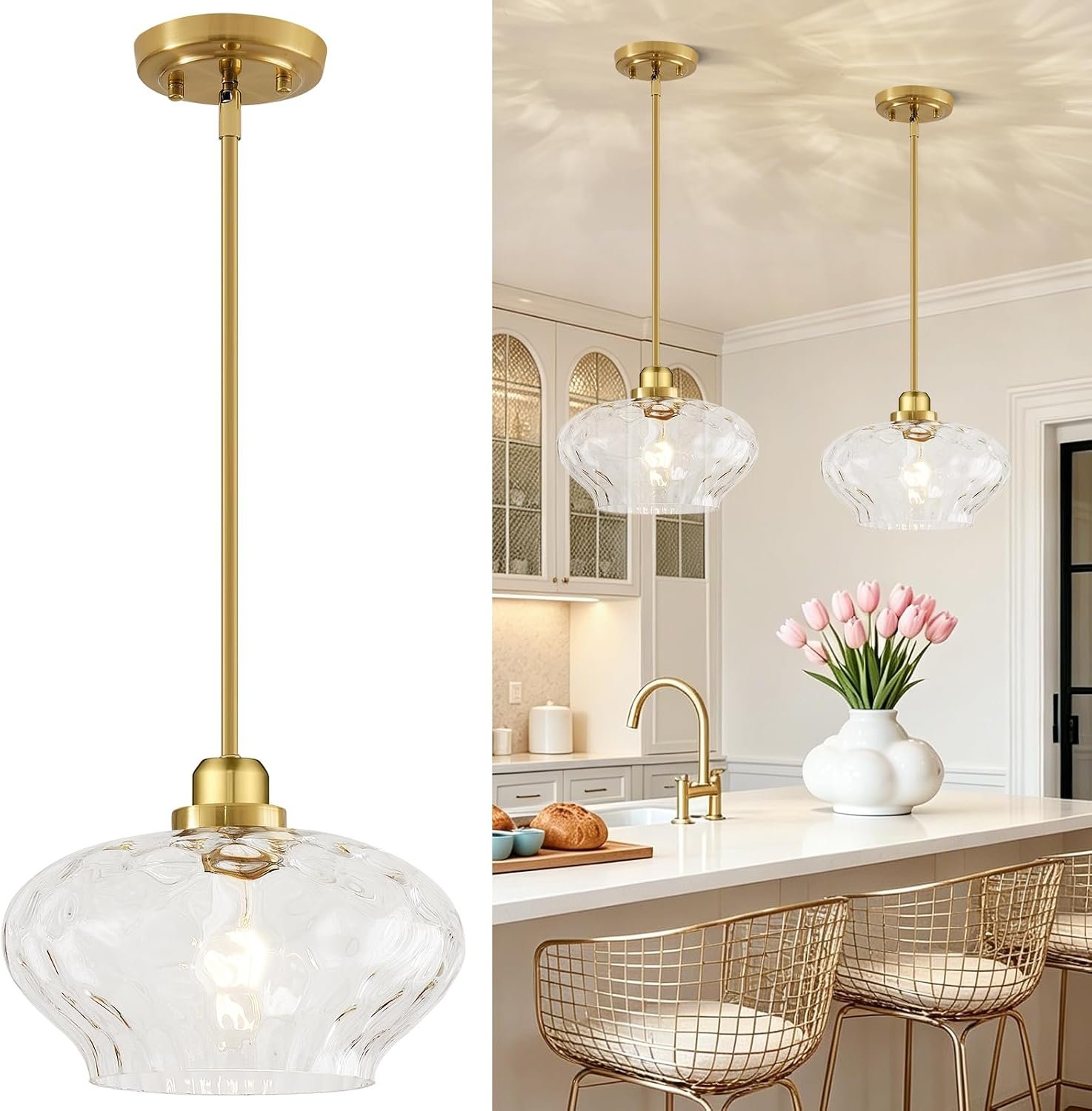 Modern Pendant Lights Kitchen Island, Brushed Gold Pendant Light Fixtures with 11″ Clear Hammered Glass Shade, Industrial Hanging Pendant Lights Fixture for Kitchen Island Dining Room Hallway Entryway
