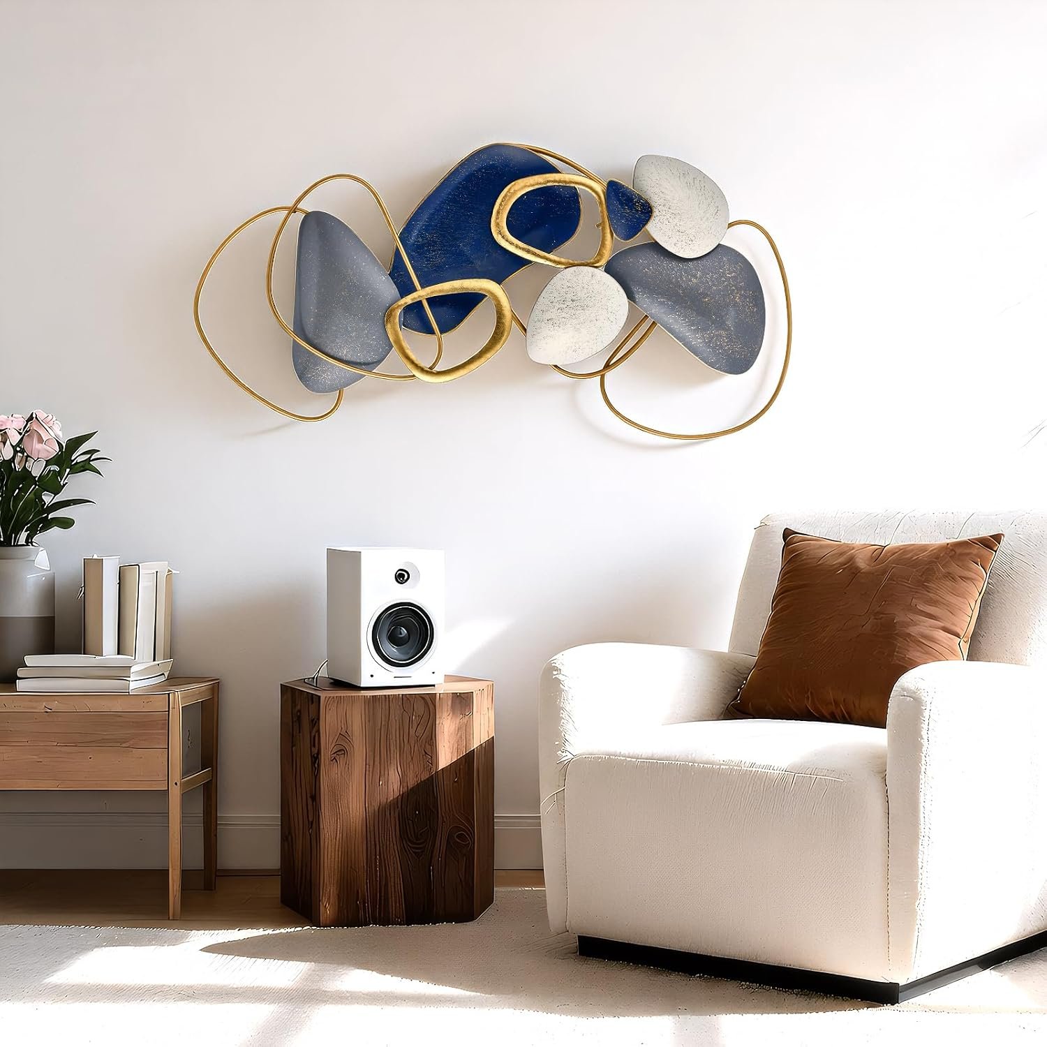 SHERBECK 3D Metal Wall Art Decor Blue Pebble Wall Sculptures Hanging Ornament Modern Abstract for Bedroom Living Room Sofa Background Home Office Kitchen Gold 41.3″ L × 19.7″ W