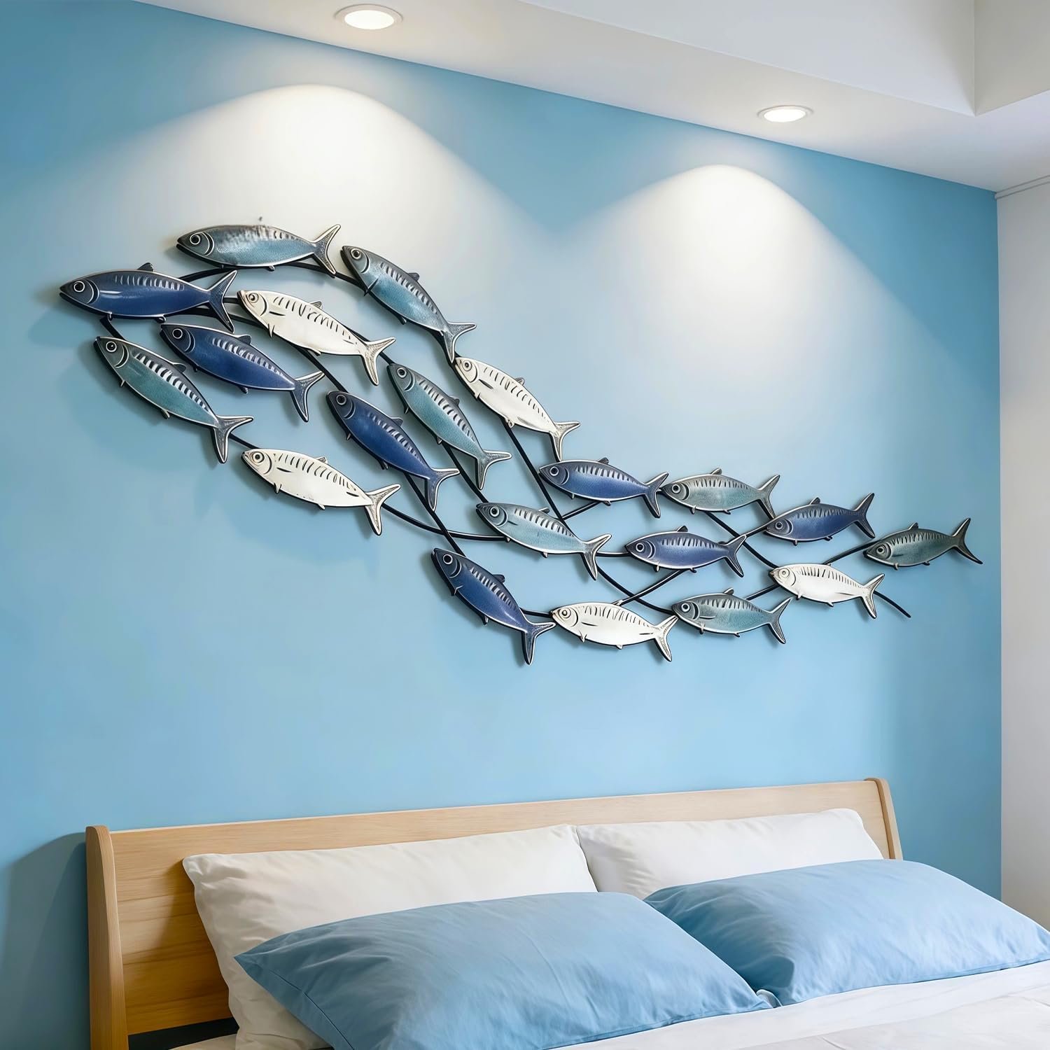 ZZYYZZ Metal Fish Wall Art, Large Metal Fish Wall Decor, 3D 59″ x 16.5″ | Coastal Nautical Fish Wall Sculpture, School of Fish Wall Decoration, for Living Room Outdoor Ocean Beach Bedroom