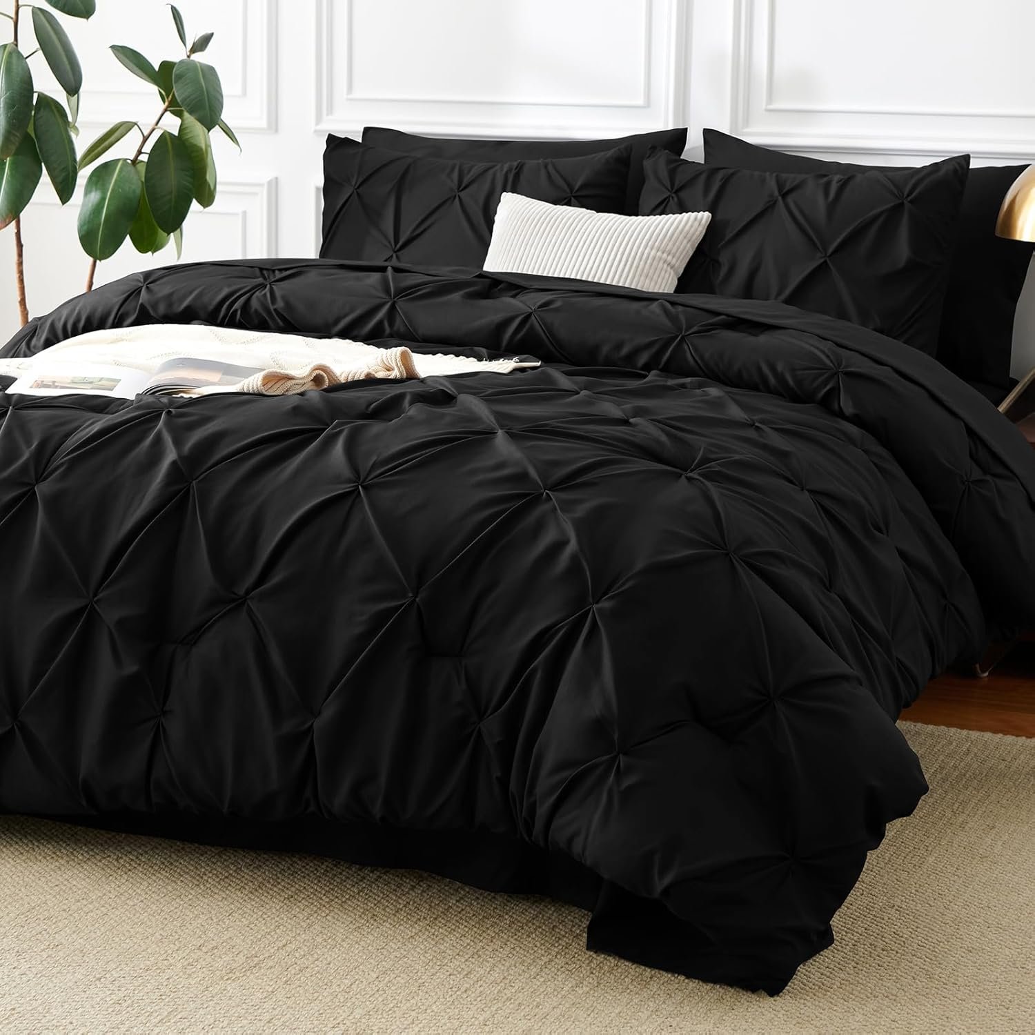 CozyLux Queen Comforter Set Black, 7 Pieces Pintuck Bed in a Bag | OEKO-TEX 100 Certified, 240GSM All Season, Bedroom, Guest Room, Down-Alternative Comforter, Sheets, Pillowcases & Shams