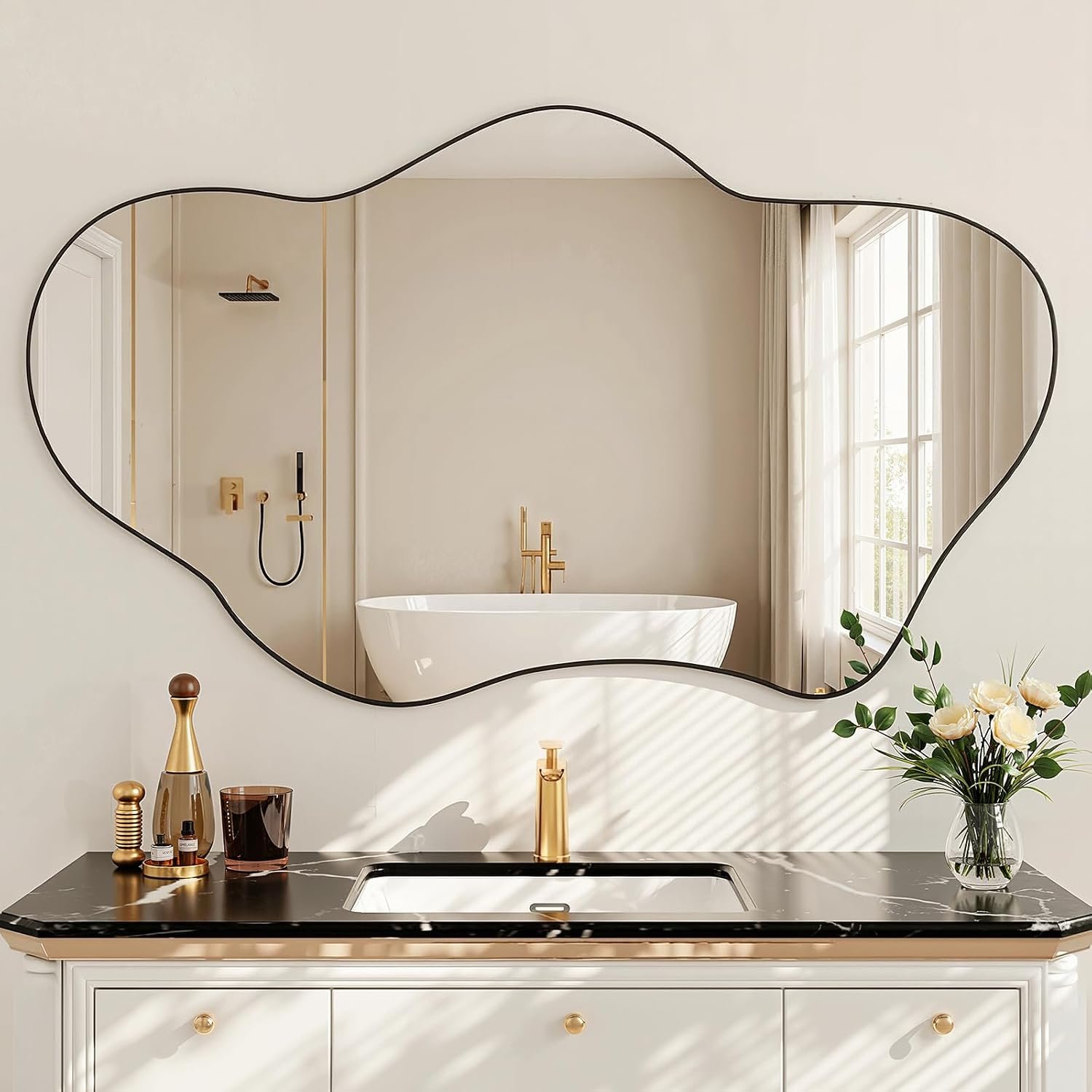 Irregular Wall Mirror, 24″x36″ Wavy Cloud Bathroom Vanity Mirrors | Unique Asymmetrical Abstract Mirror with Tempered Glass for Bedroom, Living Room, Entryway, Hallway, Cloakroom