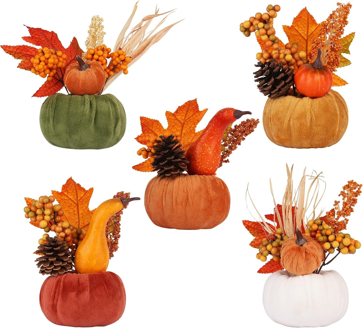 5PCS Fall Thanksgiving Pumpkins Decor for Autumn Home Indoor Decorations | Artificial Fabric Pumpkin with Maple Berry Pine Cone Vegetables Decoration for Harvest Halloween Holiday Gift